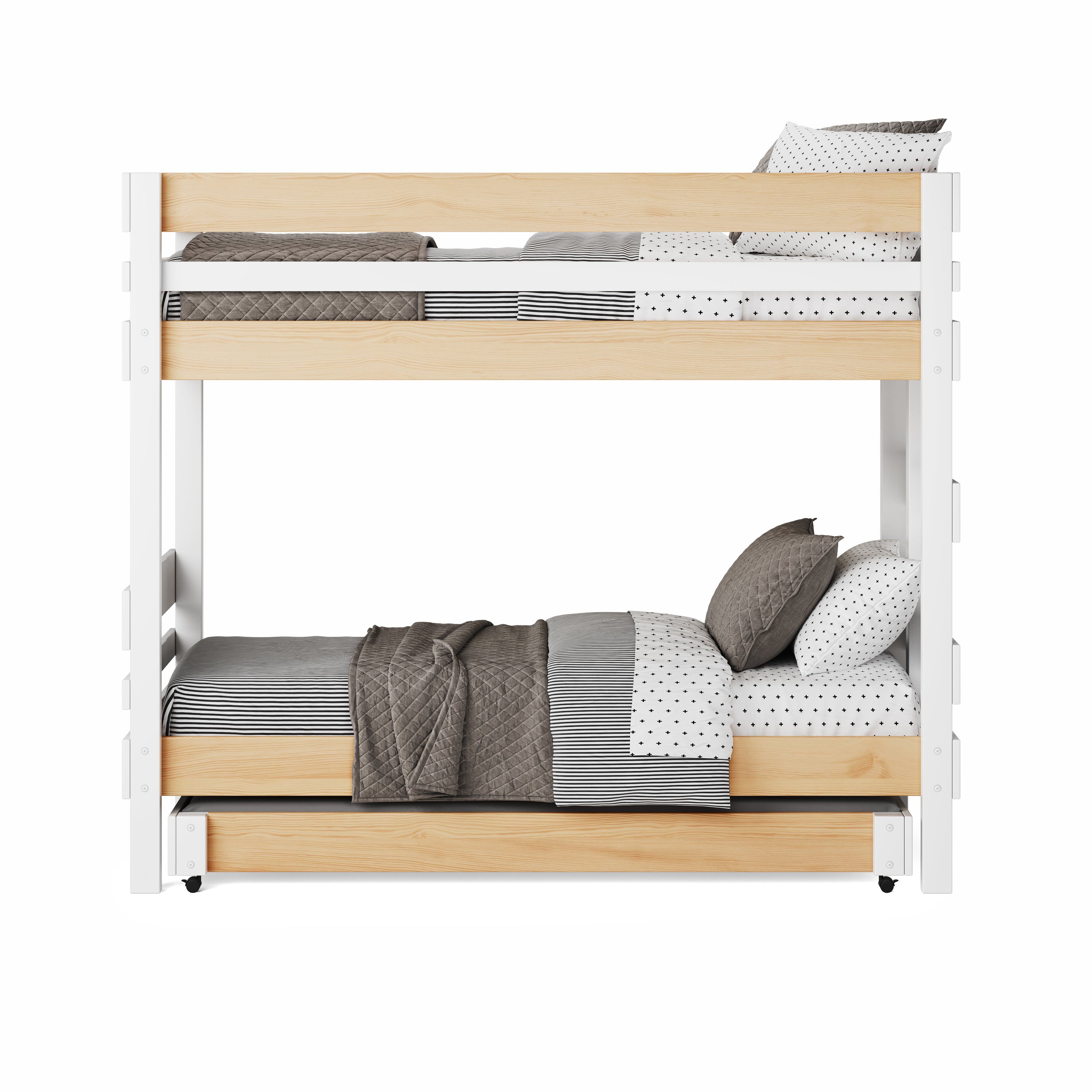 White wooden bunk bed with natural elm panels and under bed drawer storage.