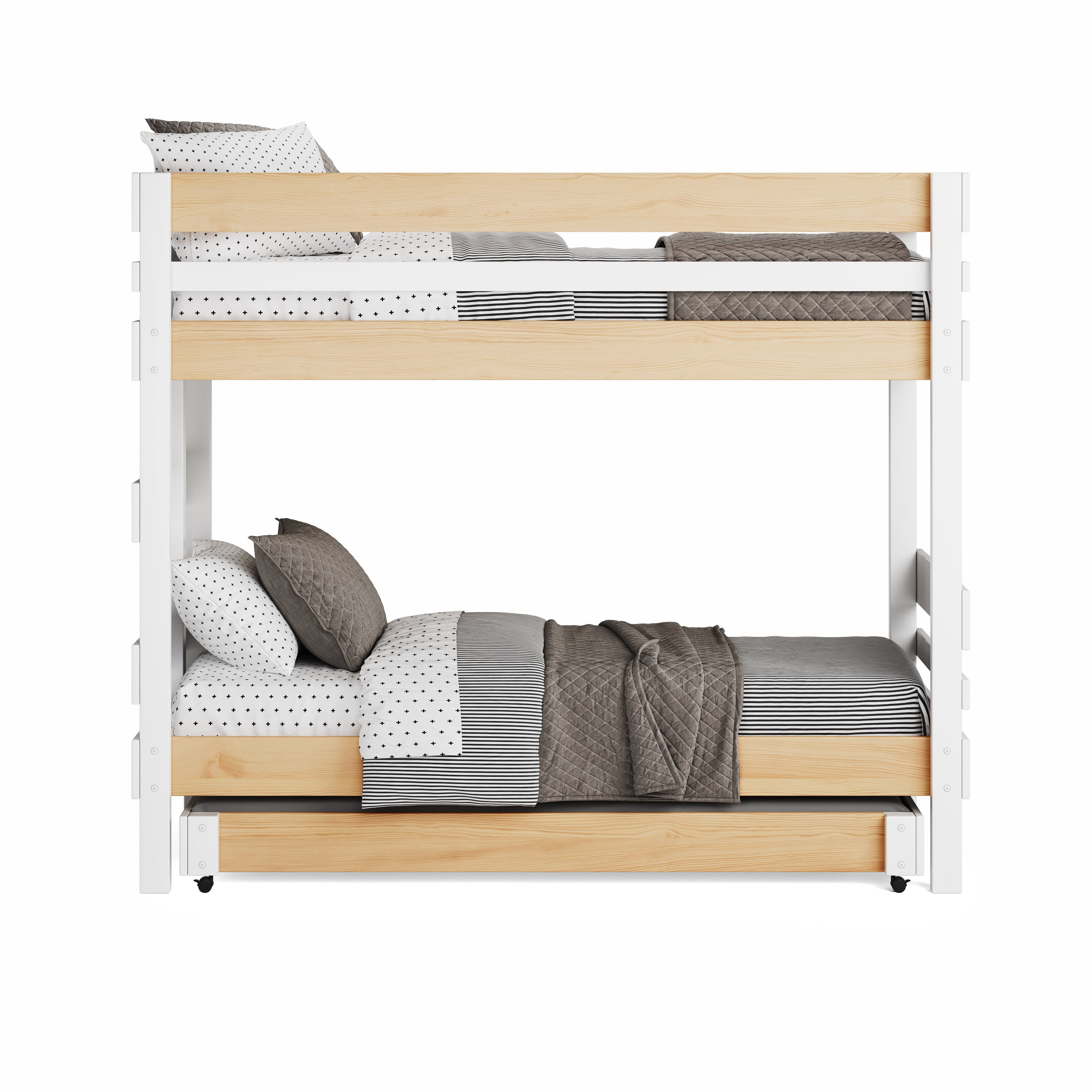 White wooden bunk bed with clear pine highlights and trundle bed.