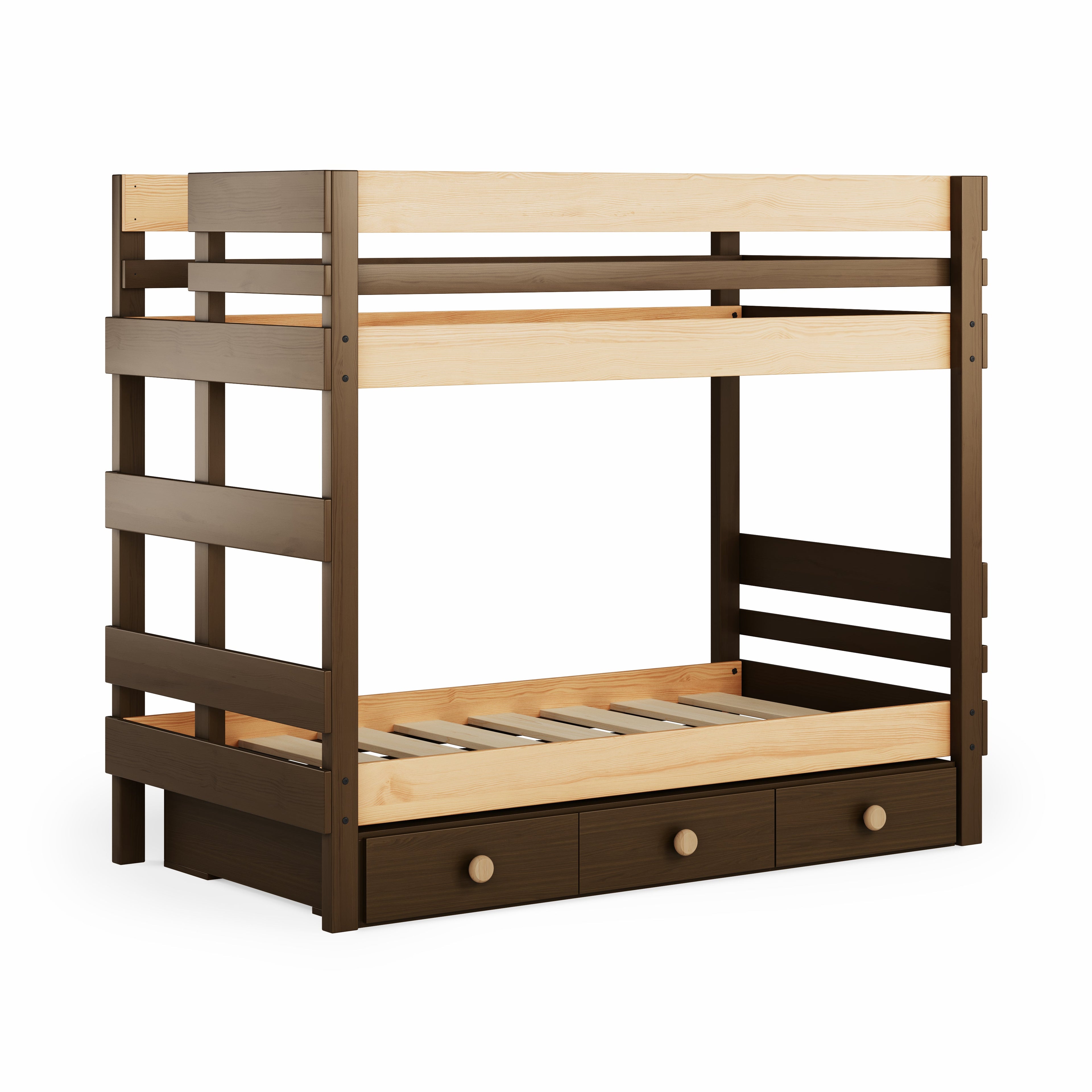 Native elm and clear combination bunk bed with ladder and three drawer under-bed drawers.