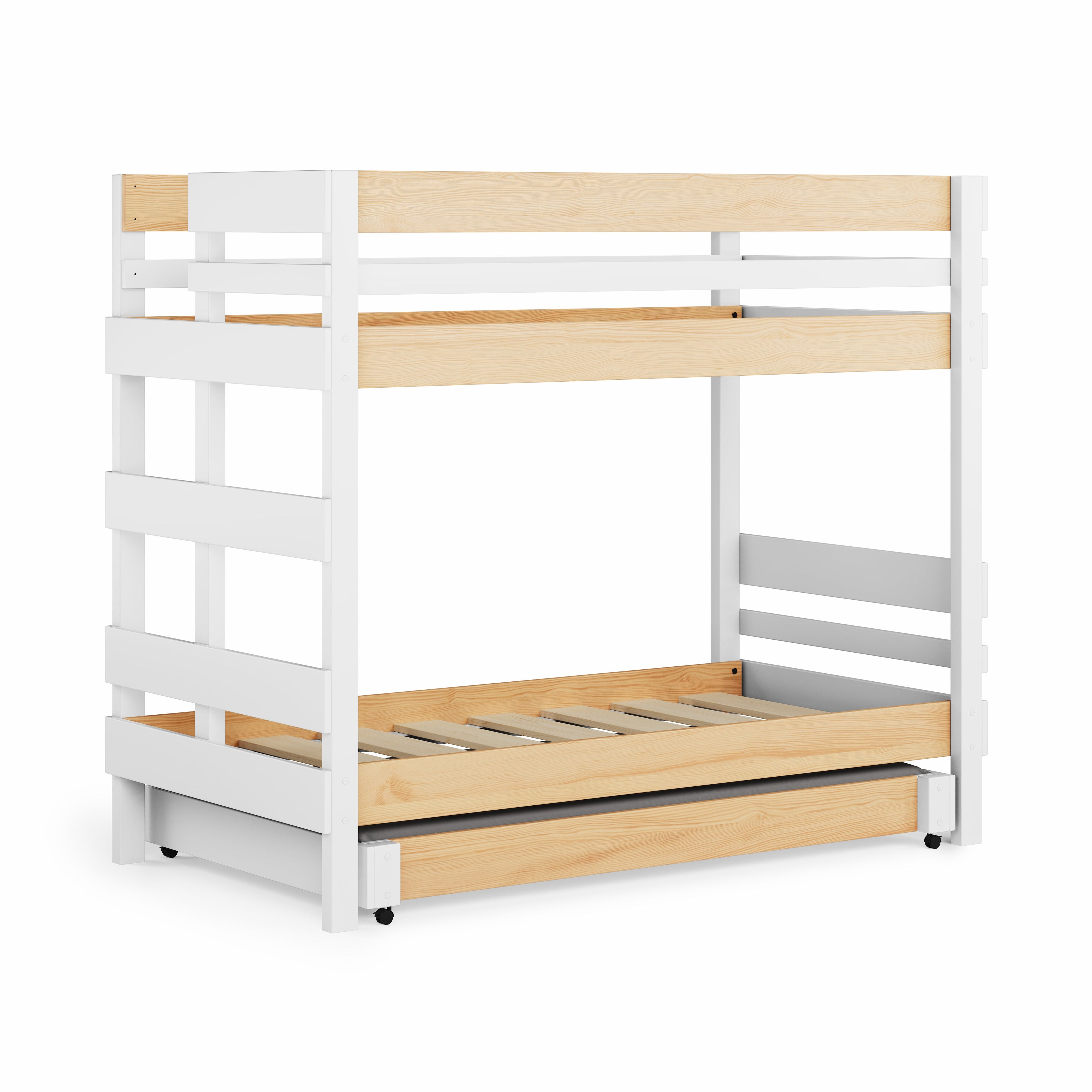 White and clear pine end ladder bunk bed with slatted base and trundle drawer / bed.