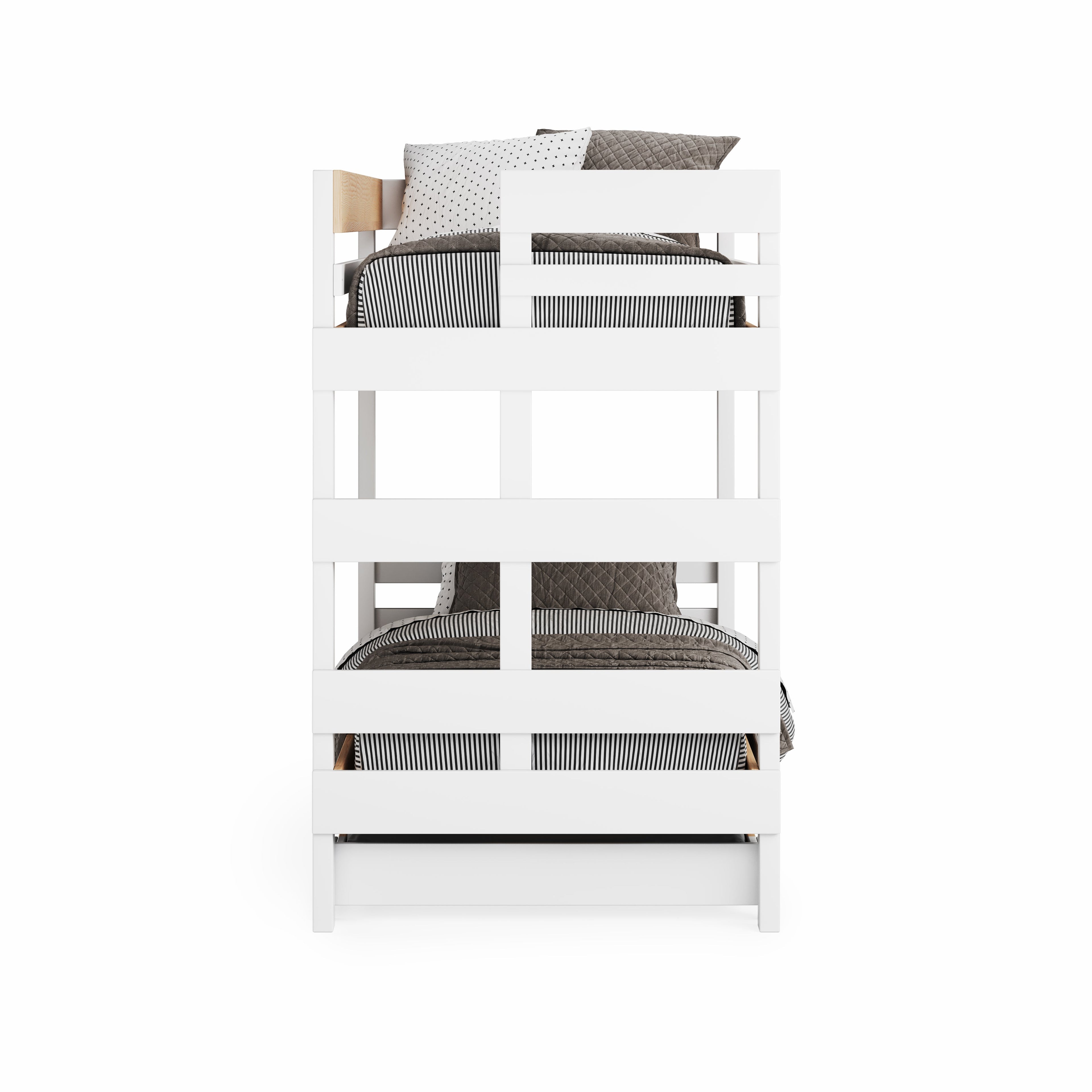 White and clear pine wooden bunk bed with trundle bed and gray bedding.
