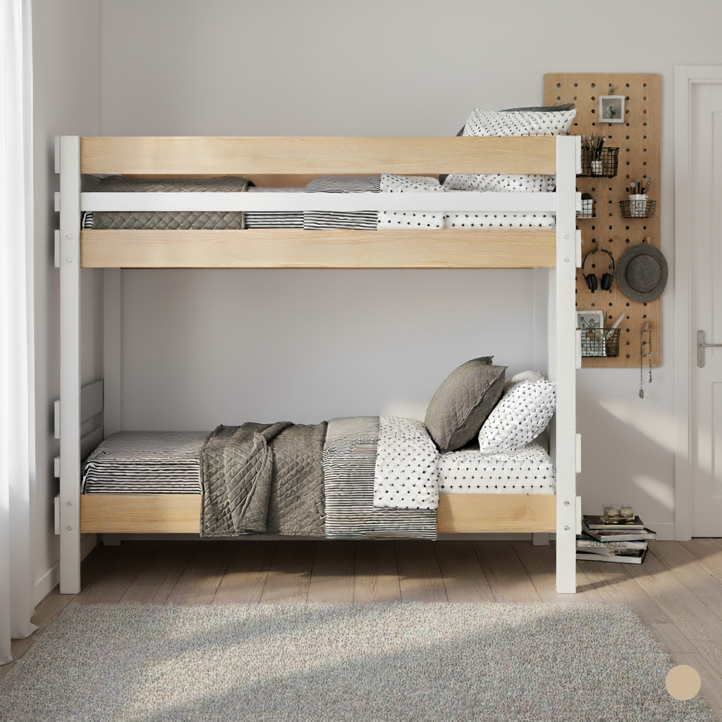 White wooden bunk bed with natural wood accents and patterned bedding in a bright room.