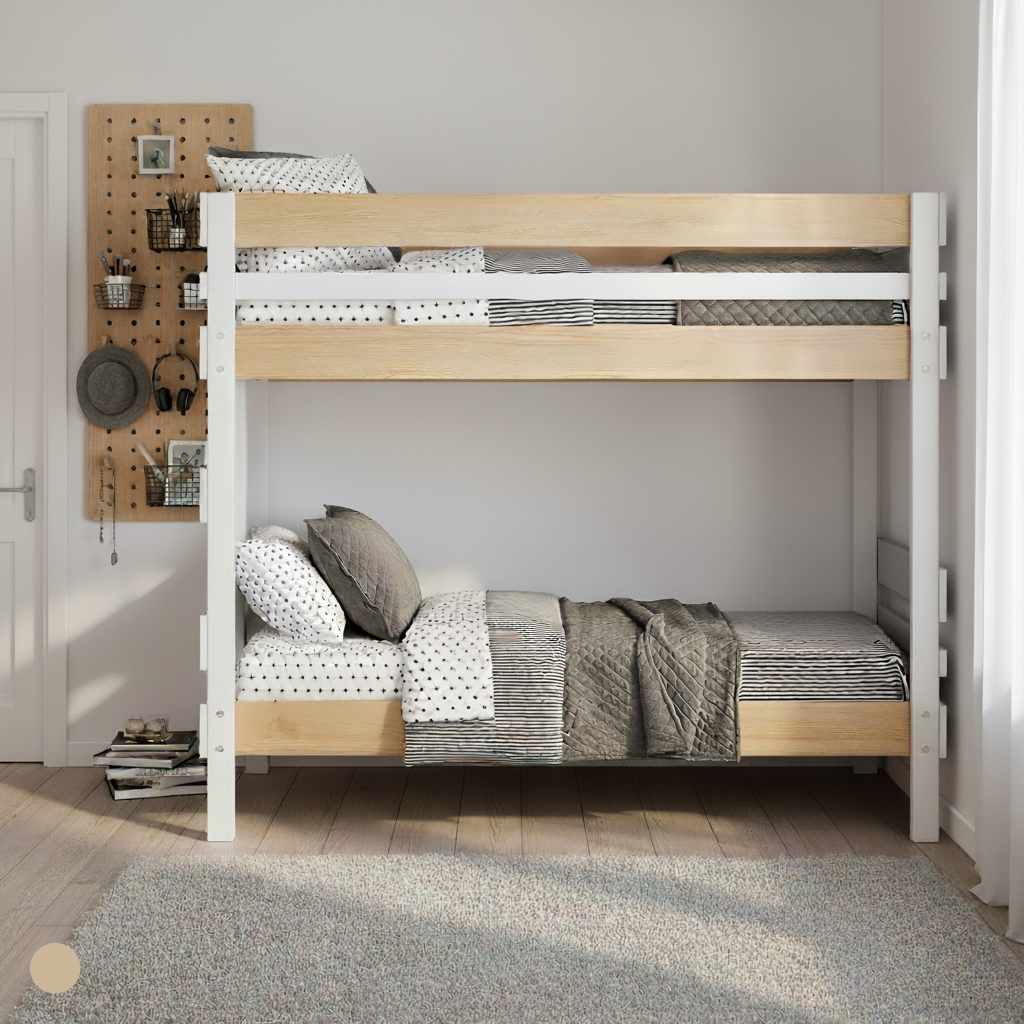 White wooden bunk bed with natural wood accents and patterned bedding in a bright room.