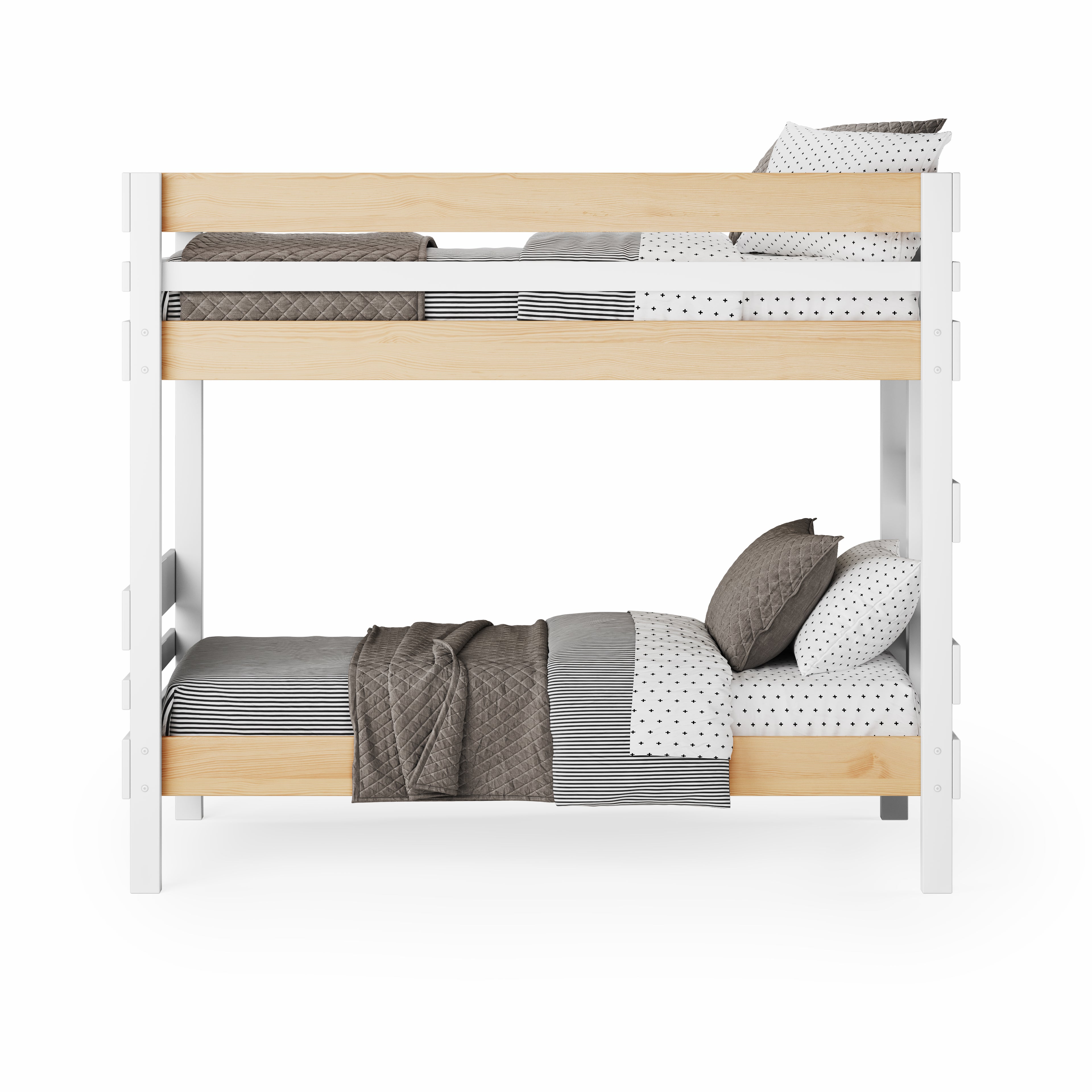 White and natural elm end ladder bunk bed with gray and white bedding.