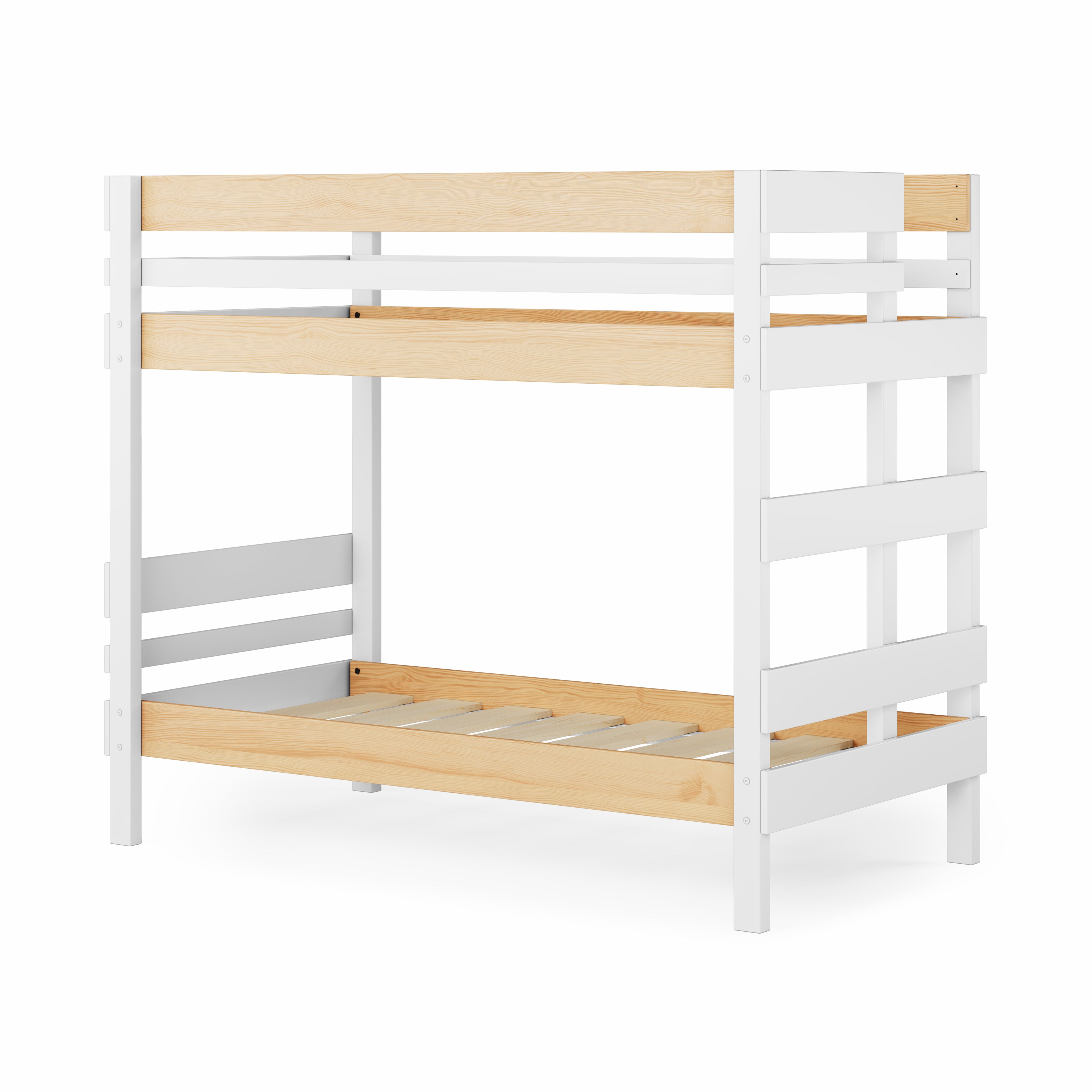 White and natural elm wood bunk bed with ladder and safety rails, minimalist design.