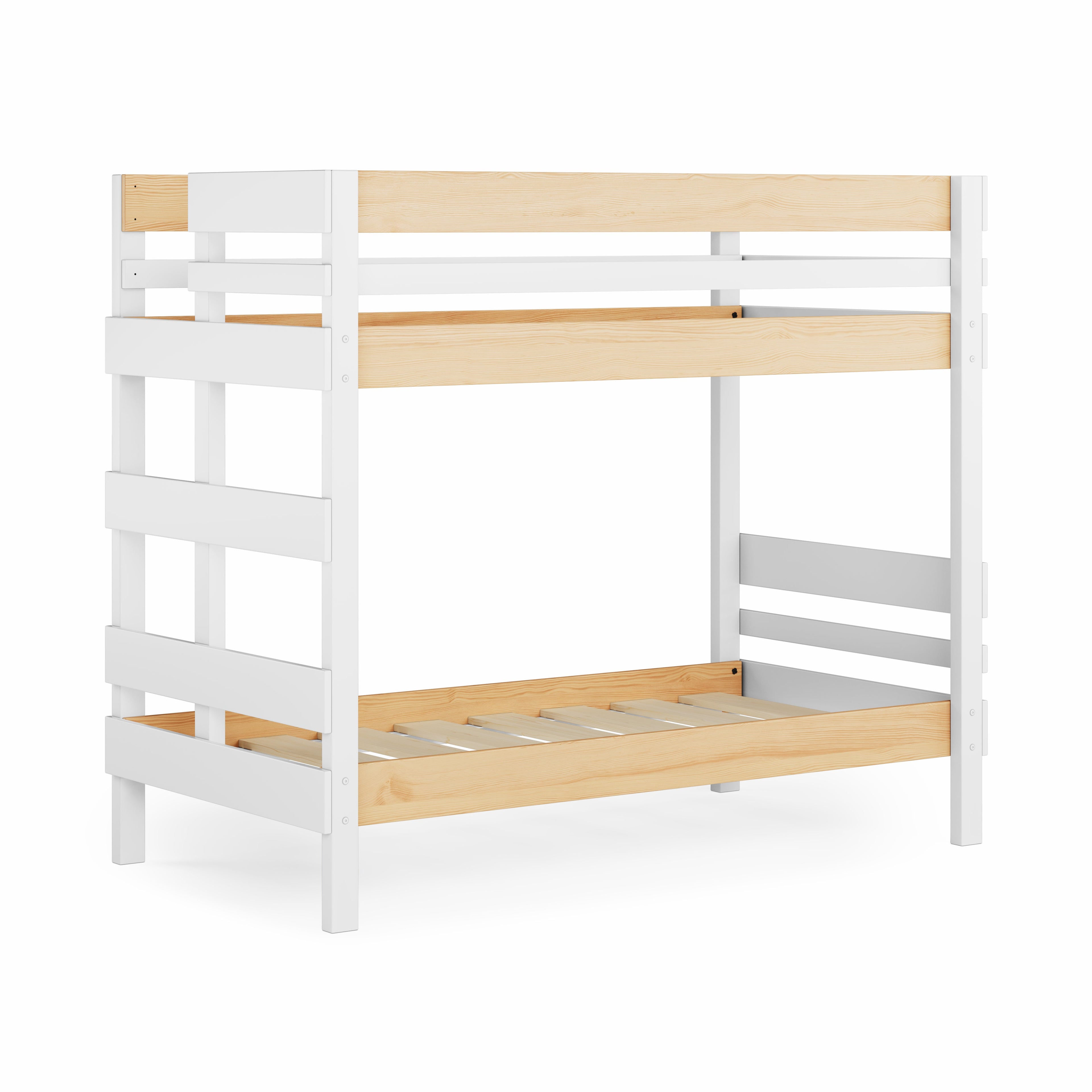 White and natural pine wood bunk bed with ladder and safety rails, minimalist design.