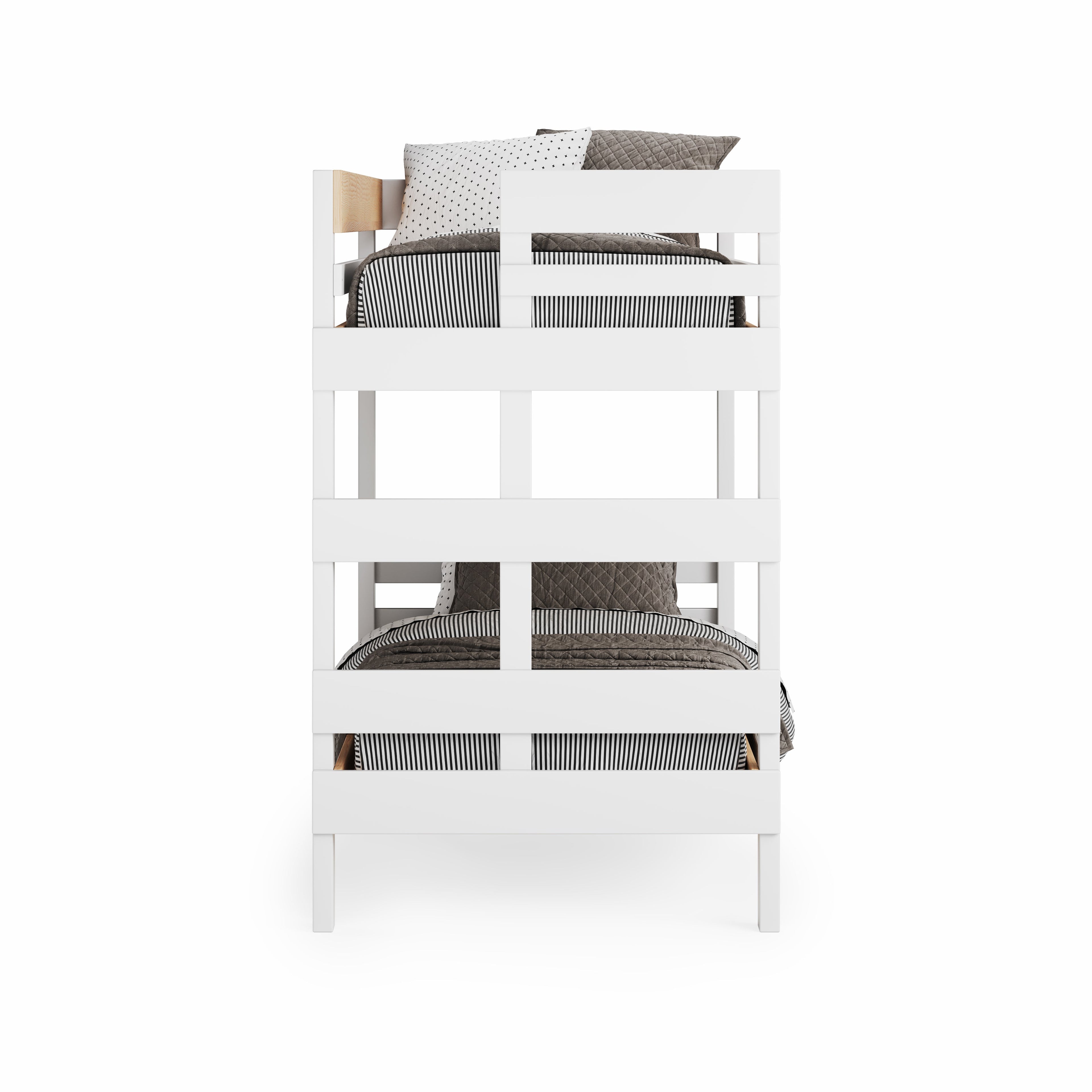 White and pine wooden bunk bed with clean horizontal rails and gray bedding.