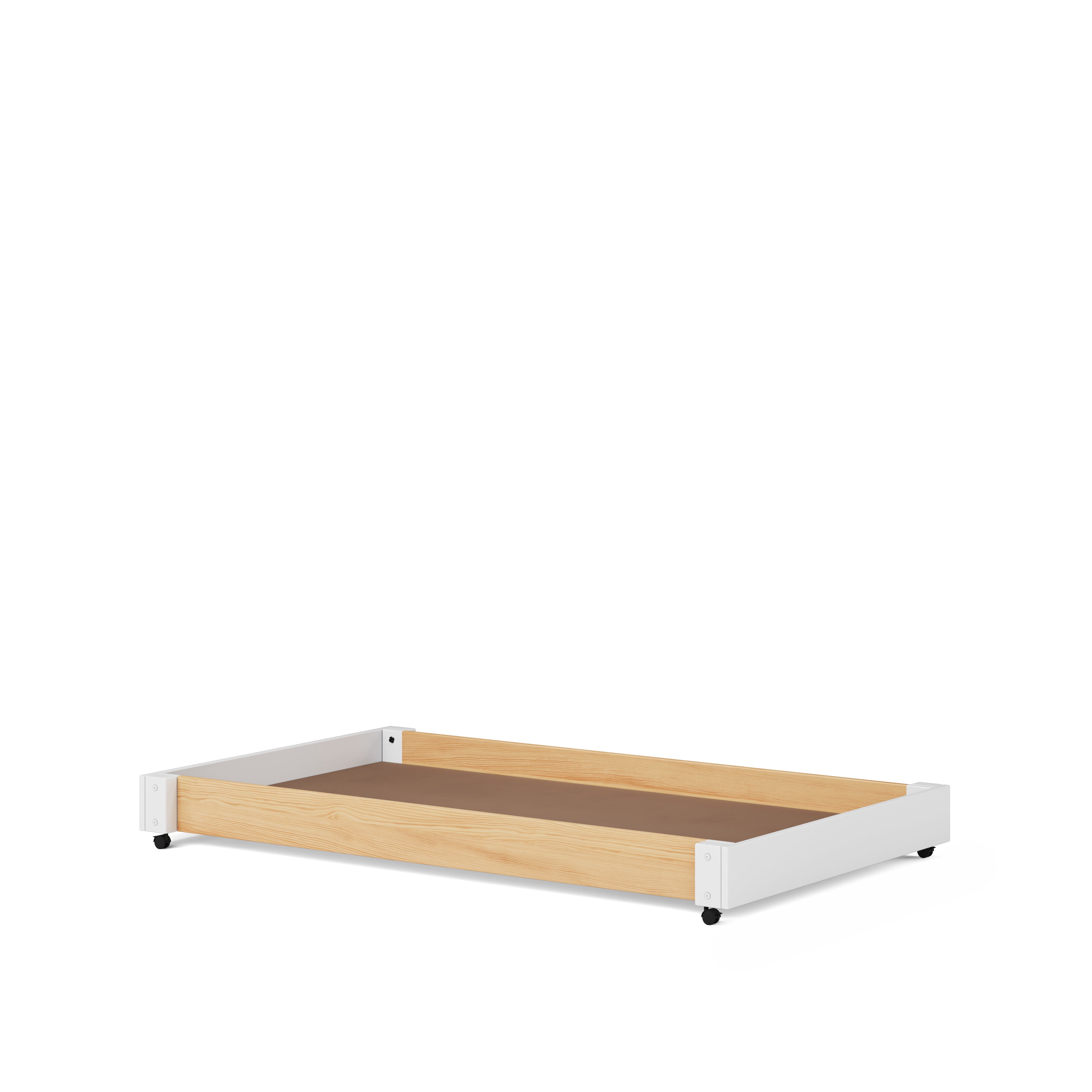 Single size wooden trundle base with white end panels and caster wheels.