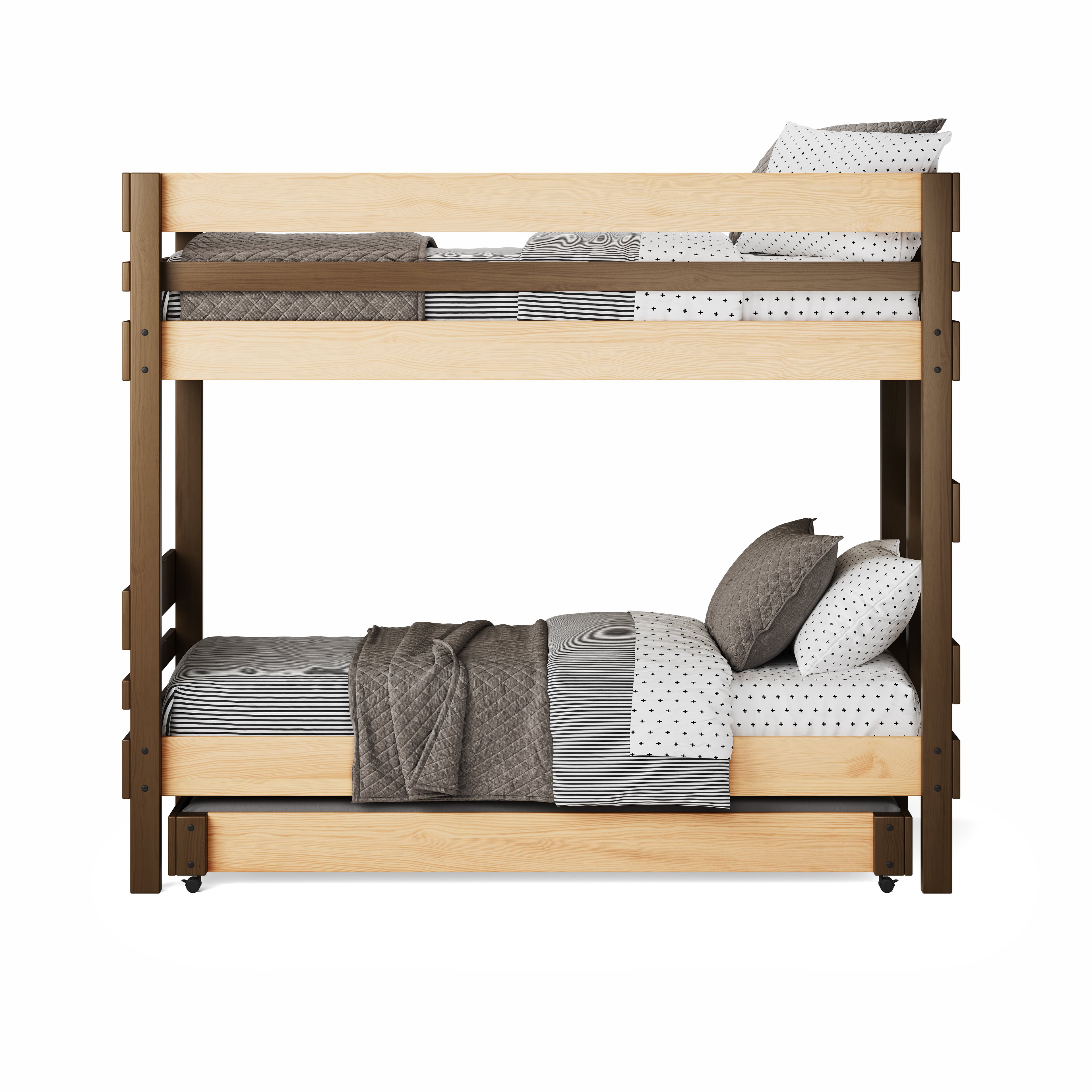 Native elm bunk bed with simple horizontal slats, twin over twin design, neutral bedding.