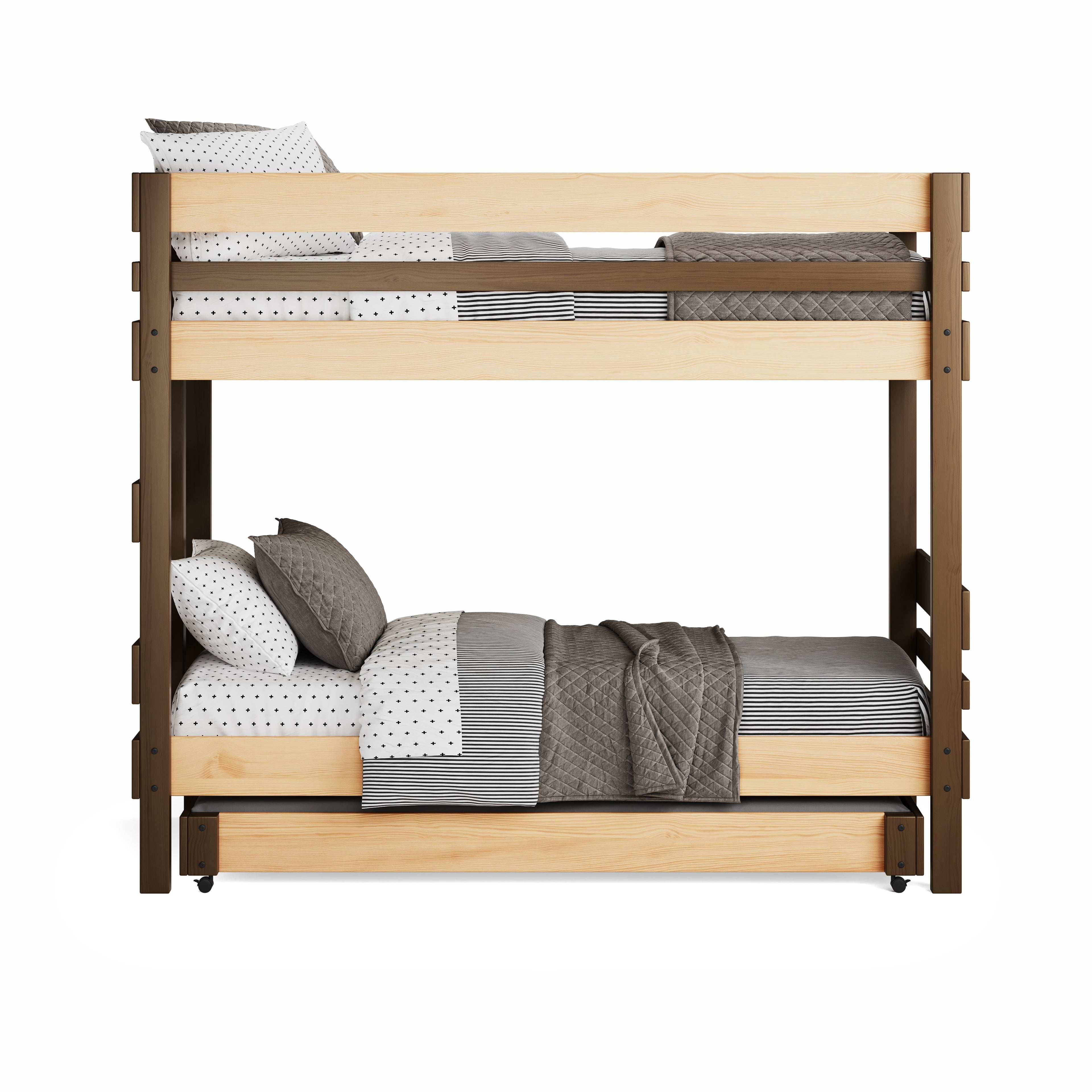 Native elm and clear combination bunk bed with sturdy timber horizontal safety rails, neutral bedding.
