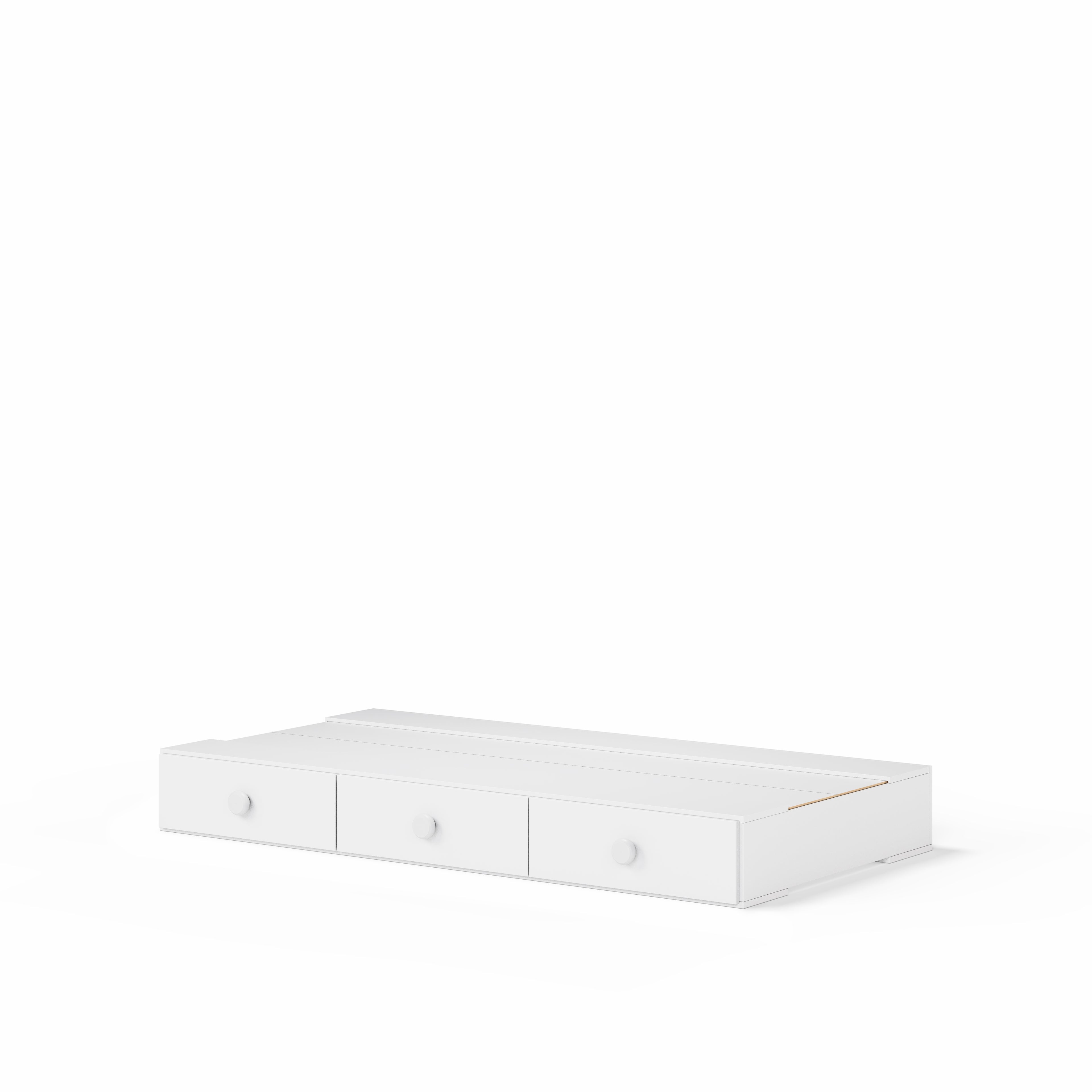 White wooden under bed storage unit with three drawers for bunk bed use.