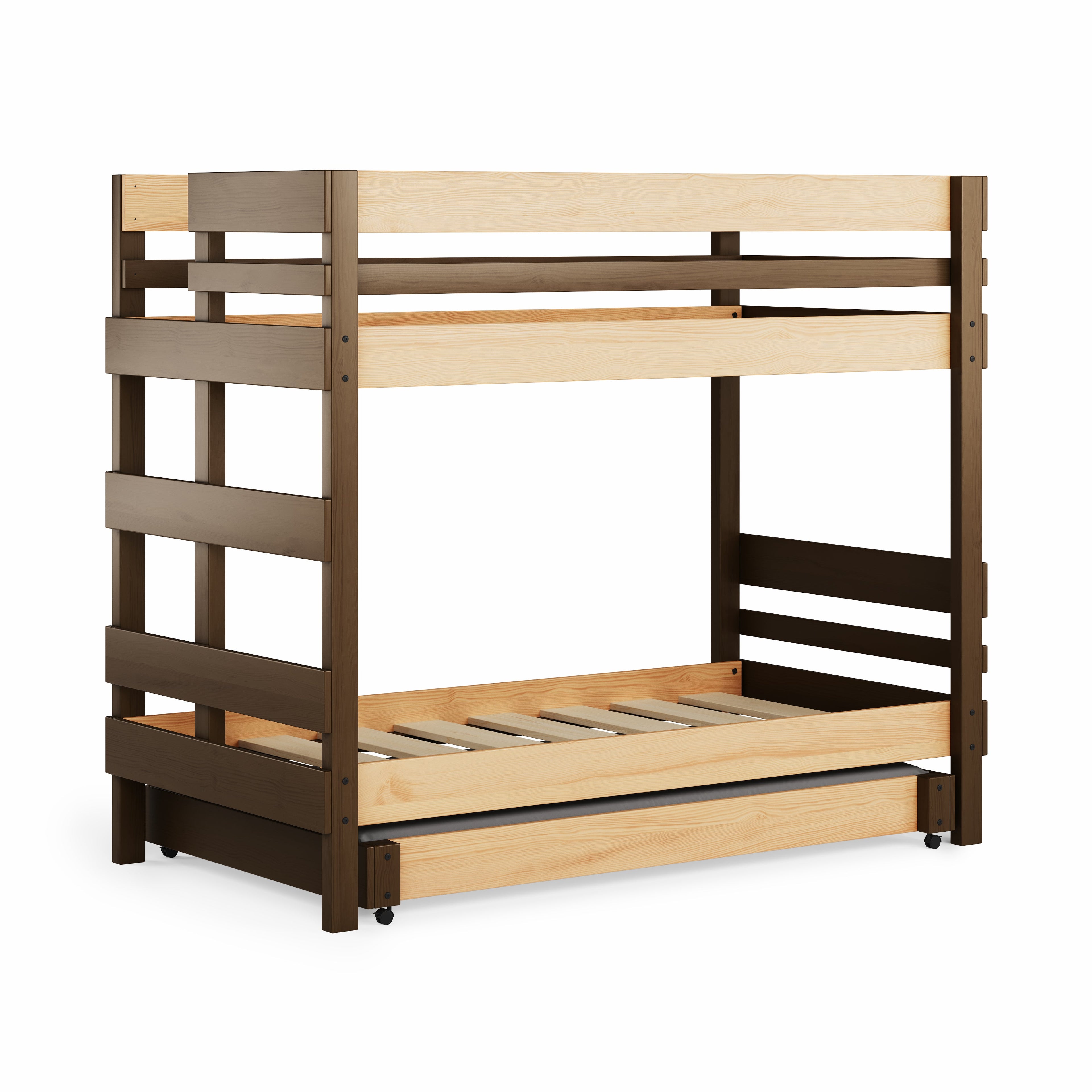 Wood finish end ladder bunk bed with sturdy guardrails and slatted base.