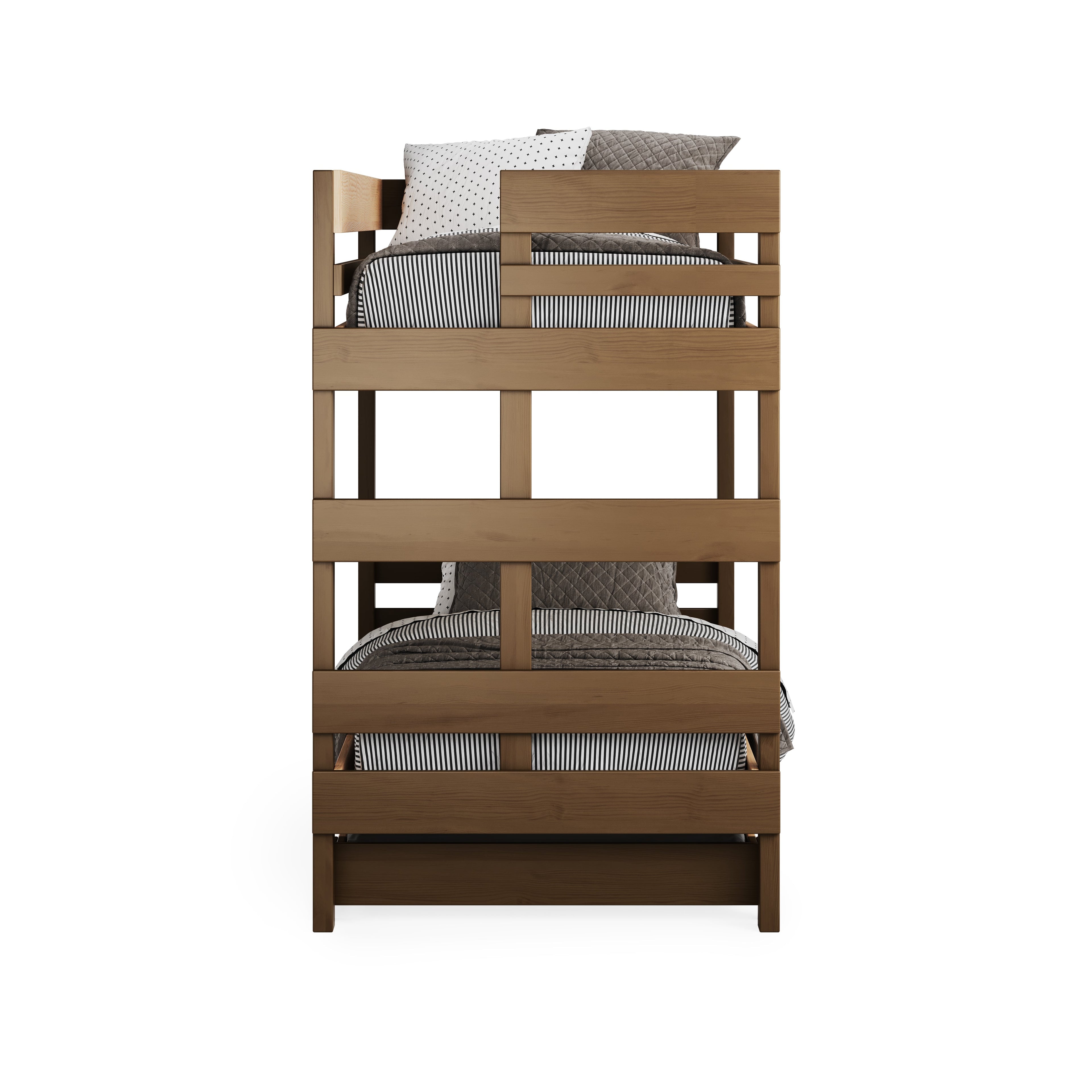 Native elm finish wooden bunk bed with clean horizontal side rails design and neutral bedding.