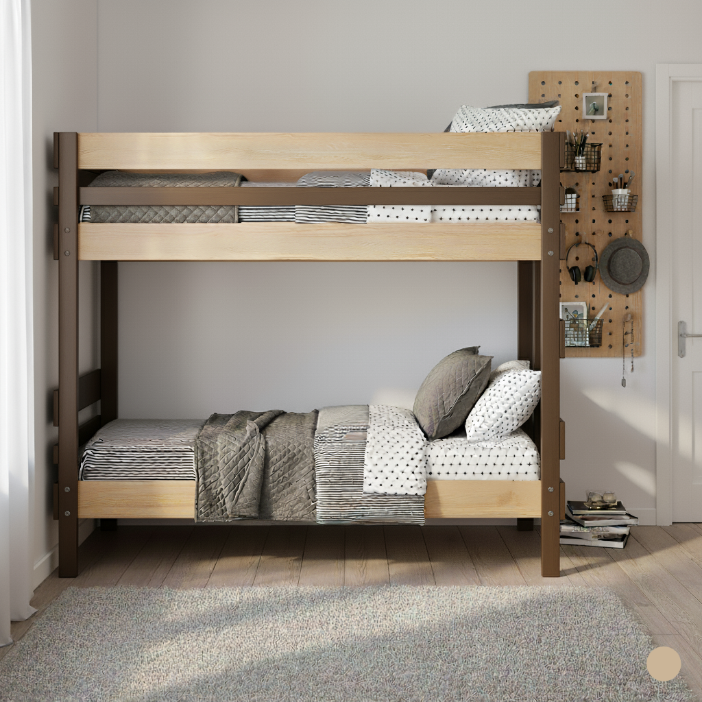 Native elm bunk bed with king single mattresses, patterned bedding, and gray pillows in a minimal room.