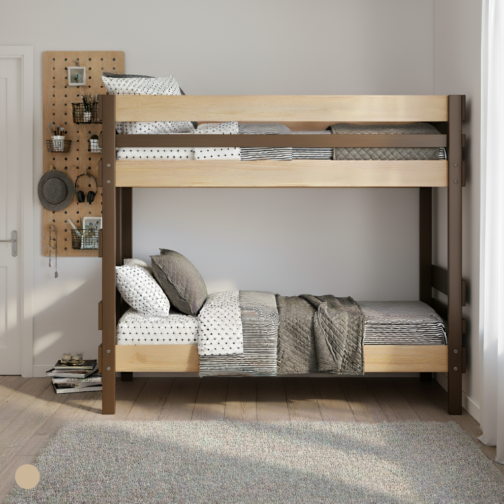 Native elm bunk bed with king single mattresses, patterned bedding, and gray pillows in a minimal room.
