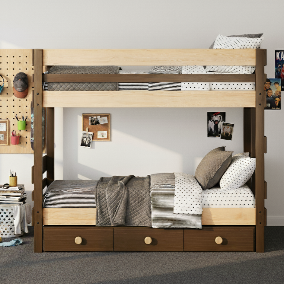 traditional bunk bed in Melbourne bedroom with handy under bed drawers for storage