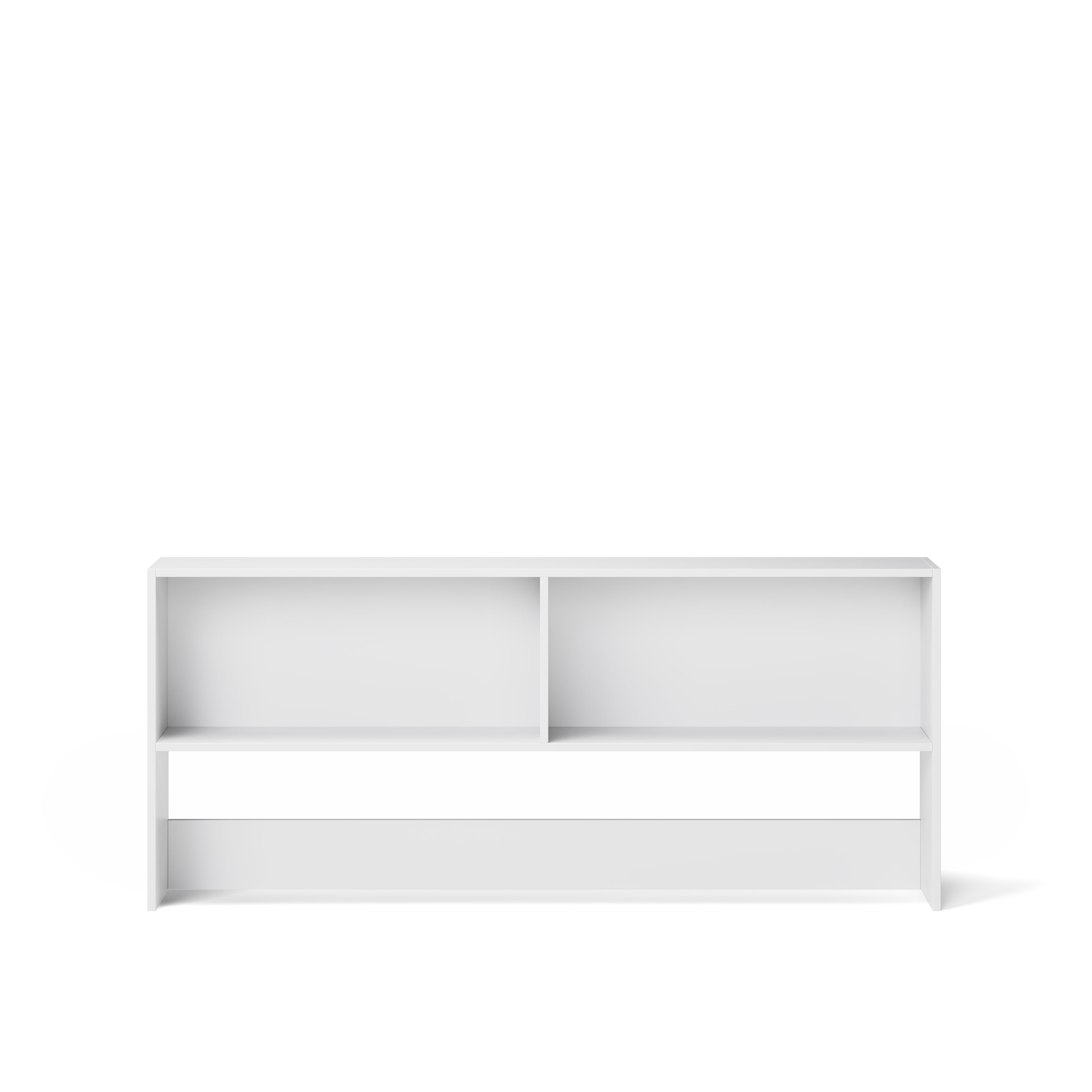 White large bookcase with two open shelves designed to fit under bunk bed or loft bed.