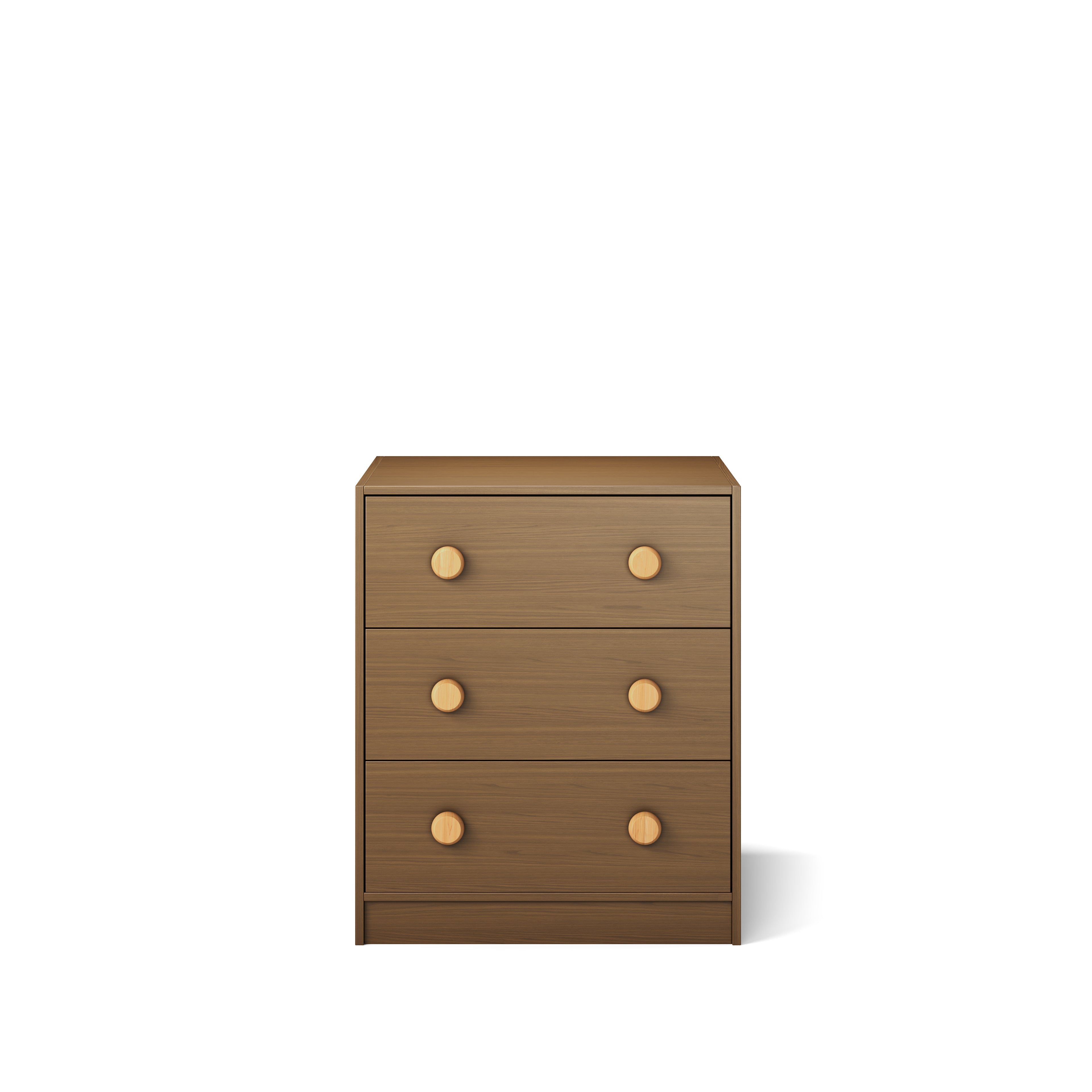 Three-drawer wooden chest with round knobs in native elm finish for bunk bed or loft bed storage.