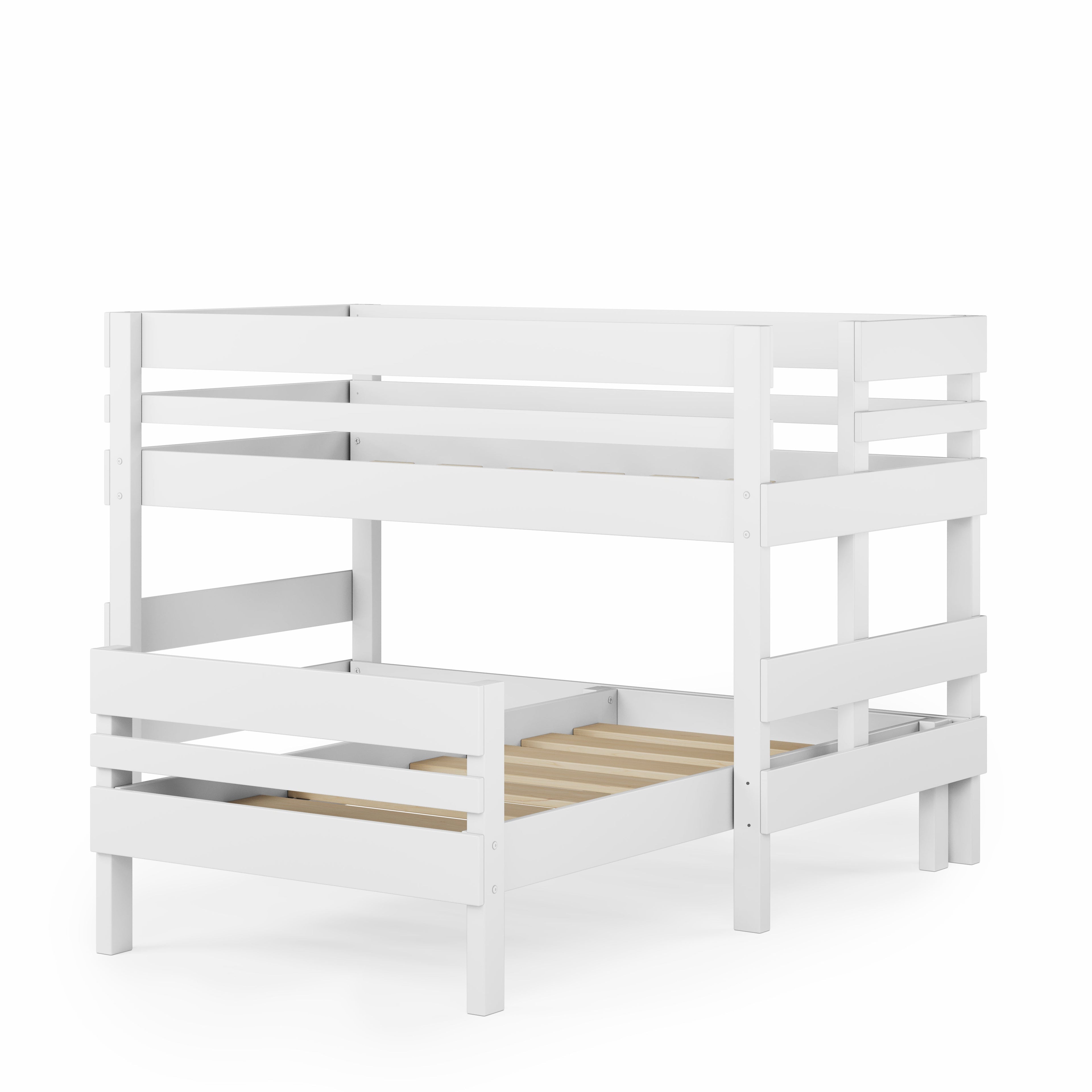 White low height corner bunk bed with sturdy guardrails and wooden slats.