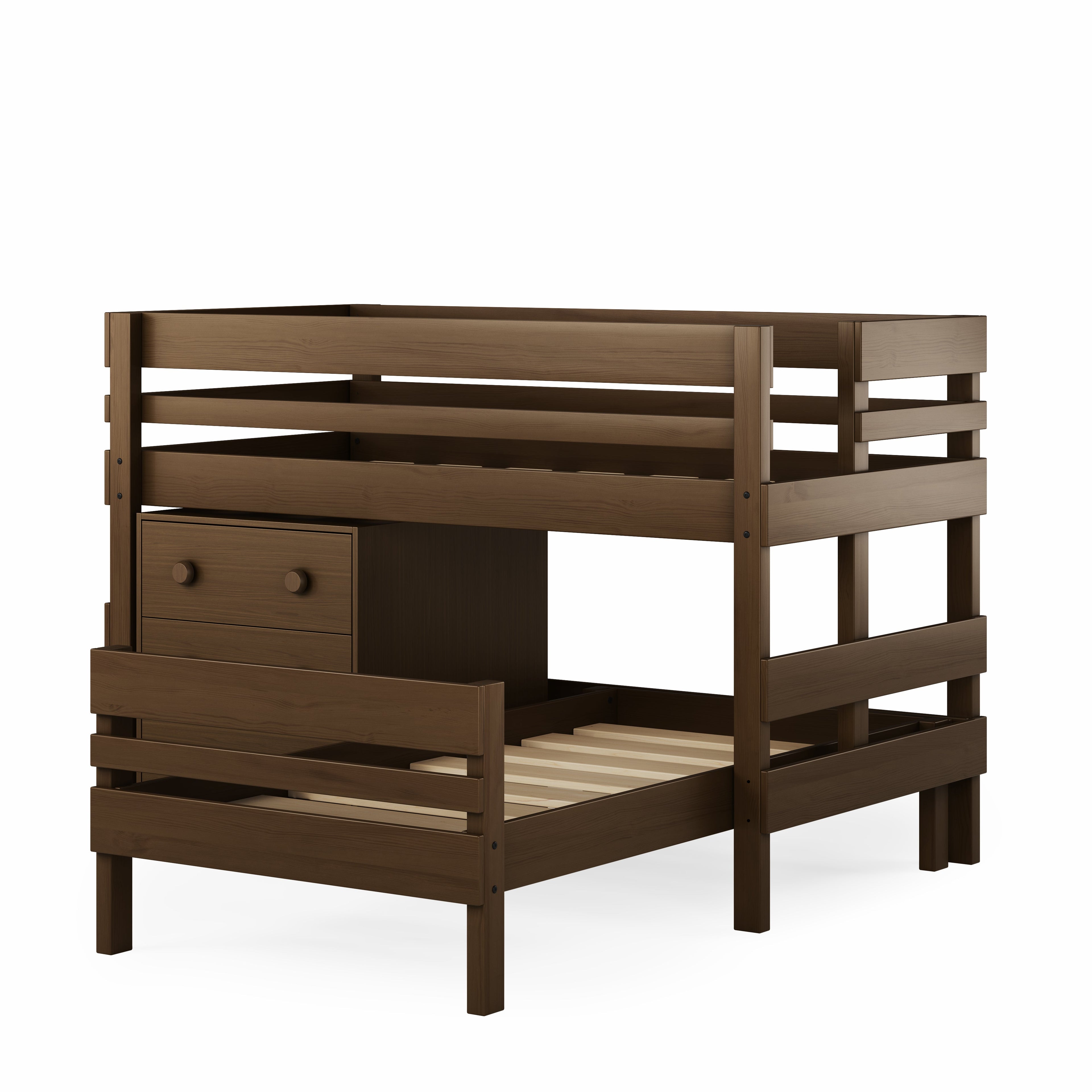 Low height corner bunk bed in native elm finish with safety rails and built-in storage drawer.