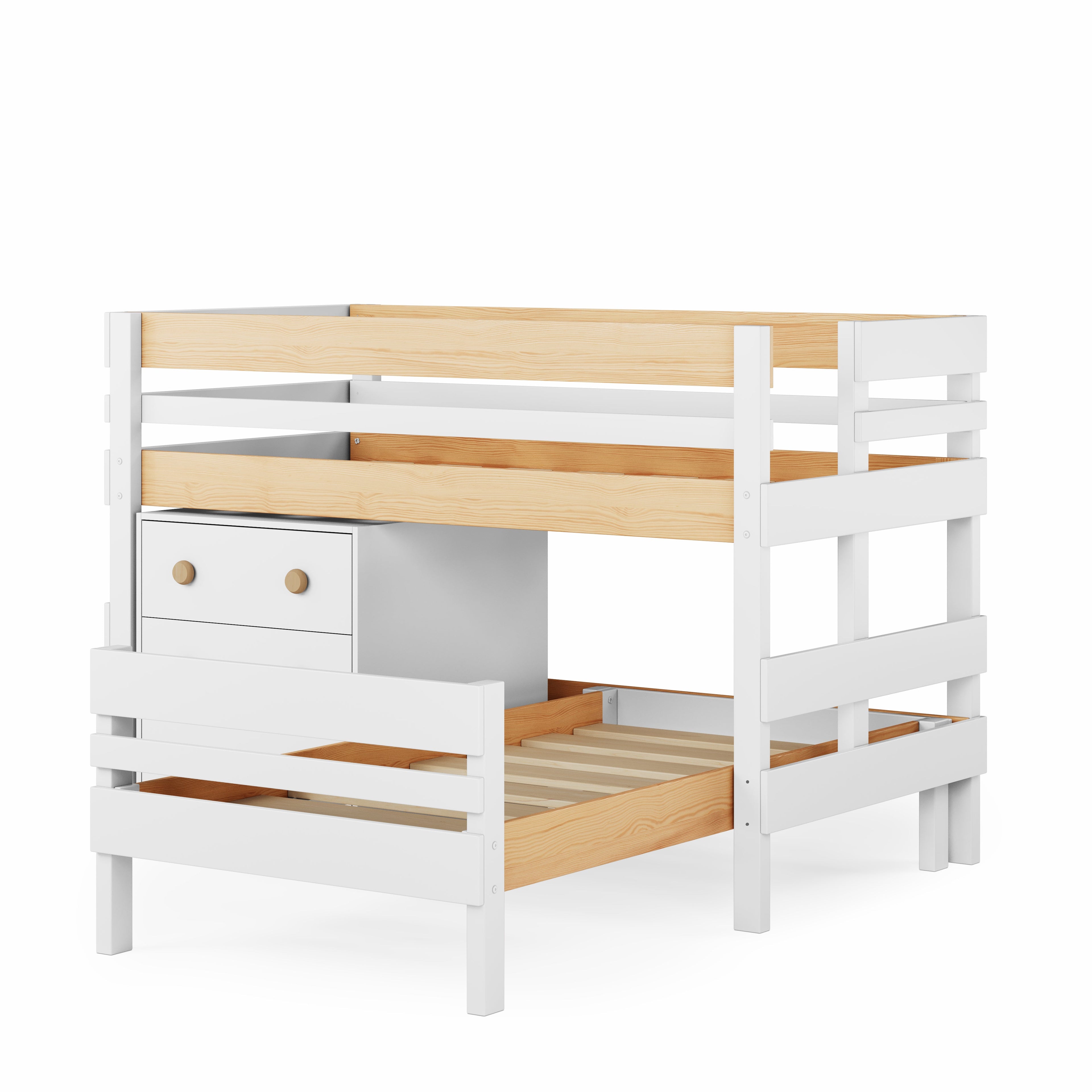Low height corner bunk bed in white and clear timber with storage drawers from Adelaide Bunk Beds showroom.
