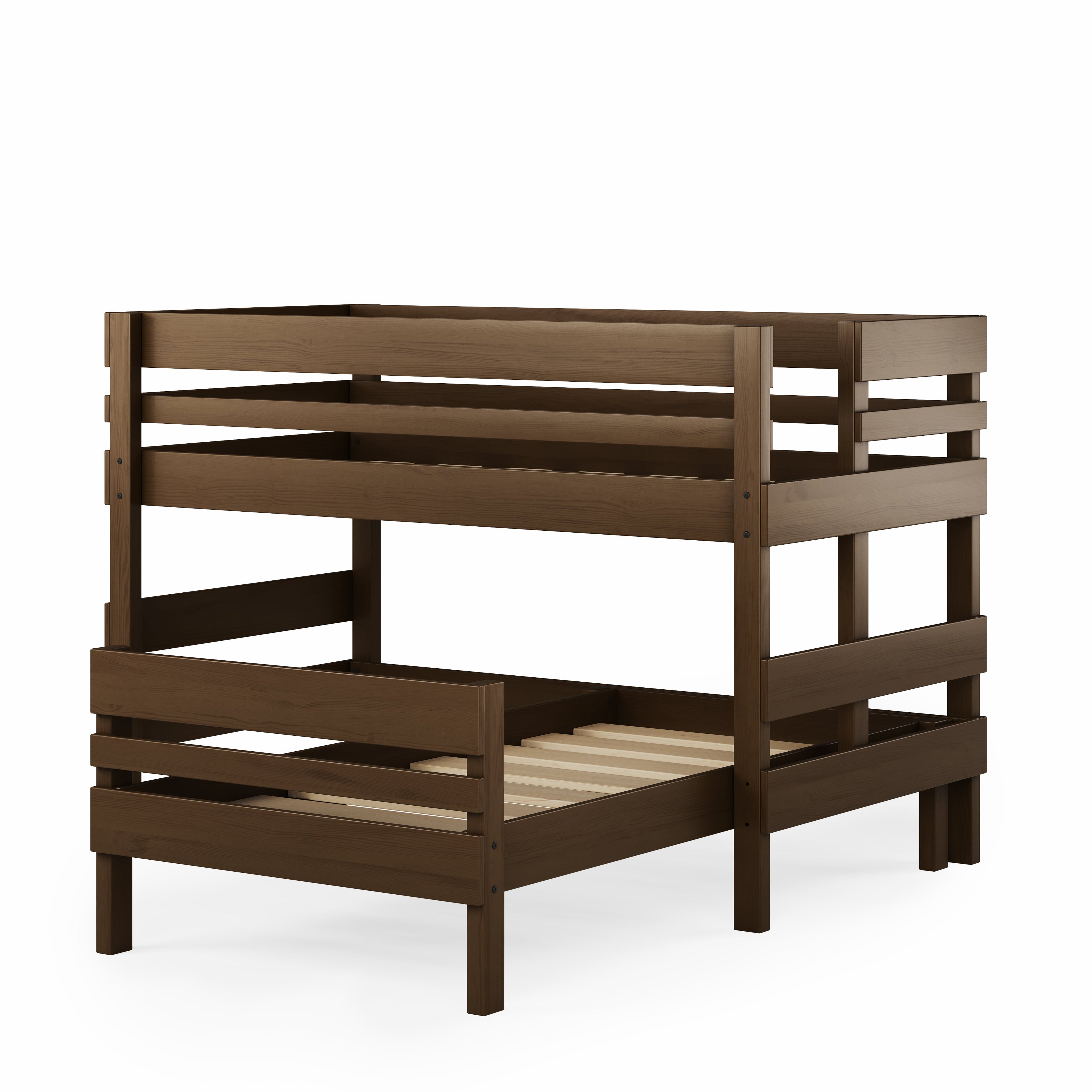 Low height corner bunk bed in dark wood with horizontal slatted guardrails and sturdy frame.