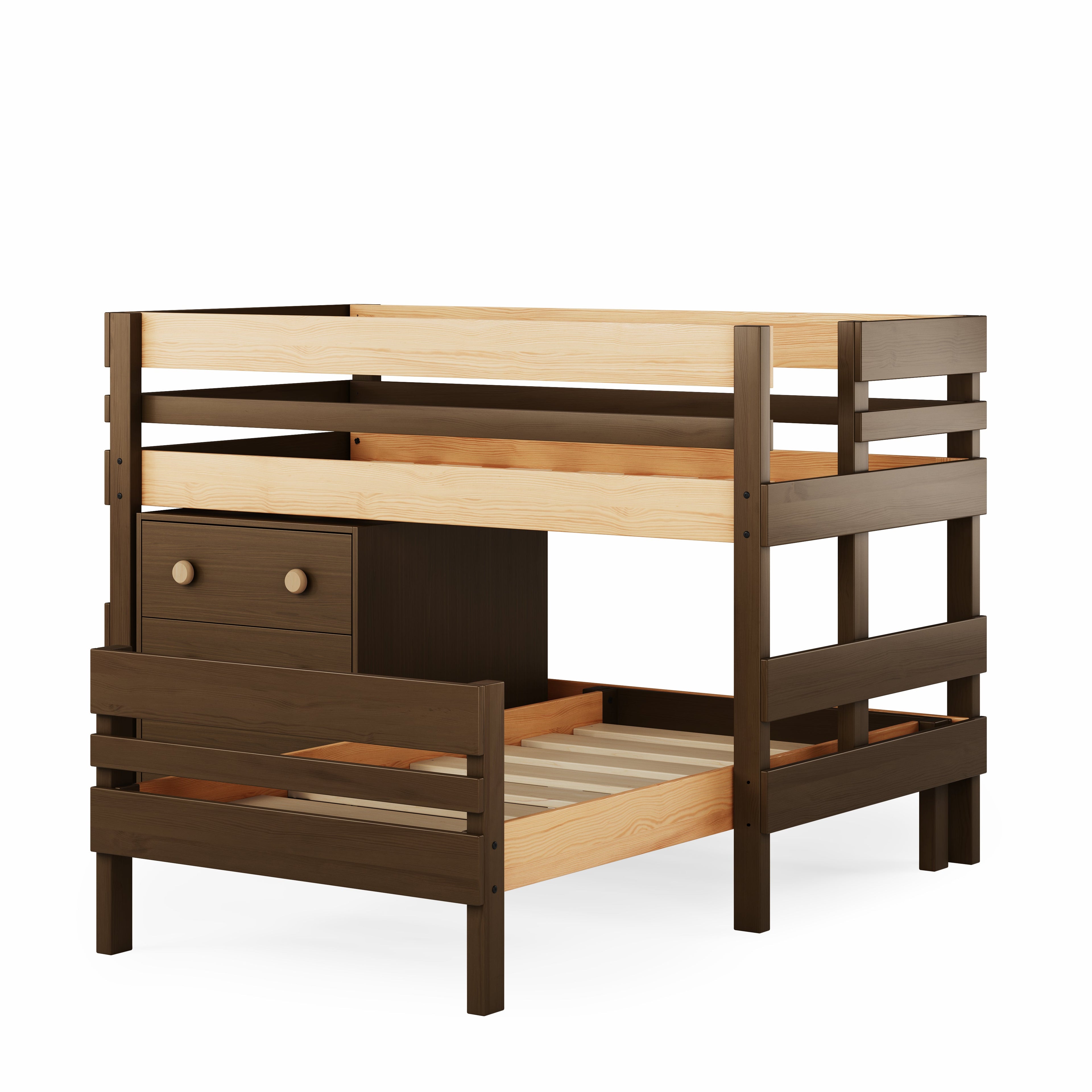 Low height corner bunk bed in native elm and darker wood with integrated storage drawers and slatted guardrails.