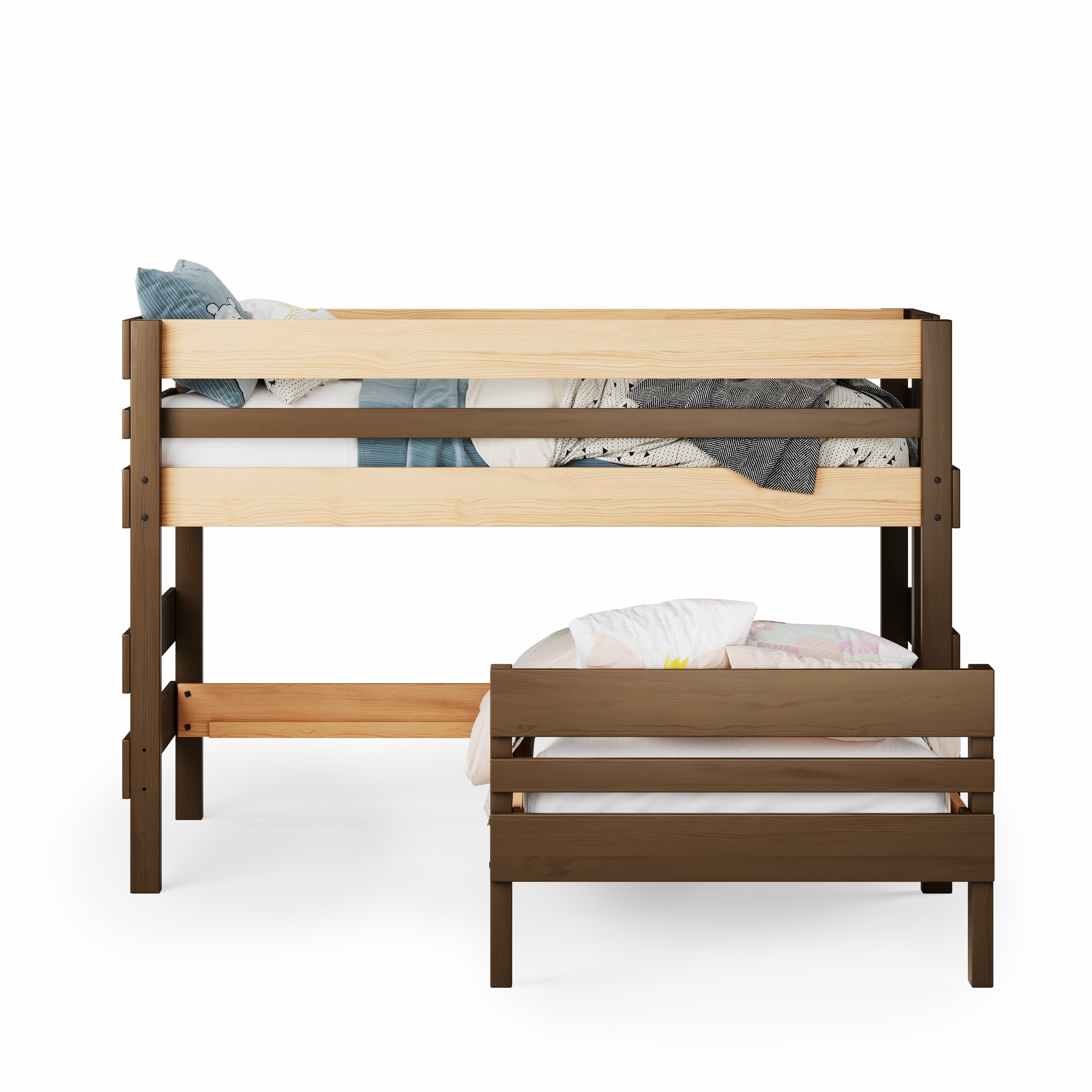 Low height corner bunk bed in natural wood with darker vertical supports and horizontal safety rails.