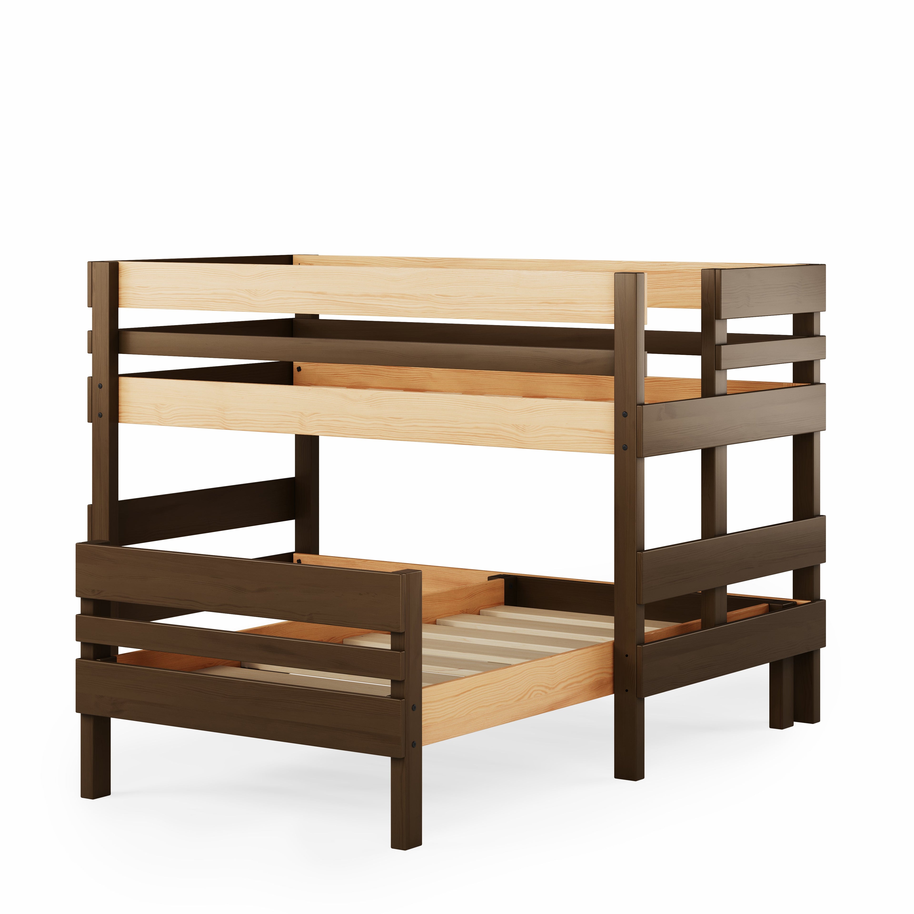 Low height corner bunk bed in natural and dark wood with slatted guardrails and sturdy frame.