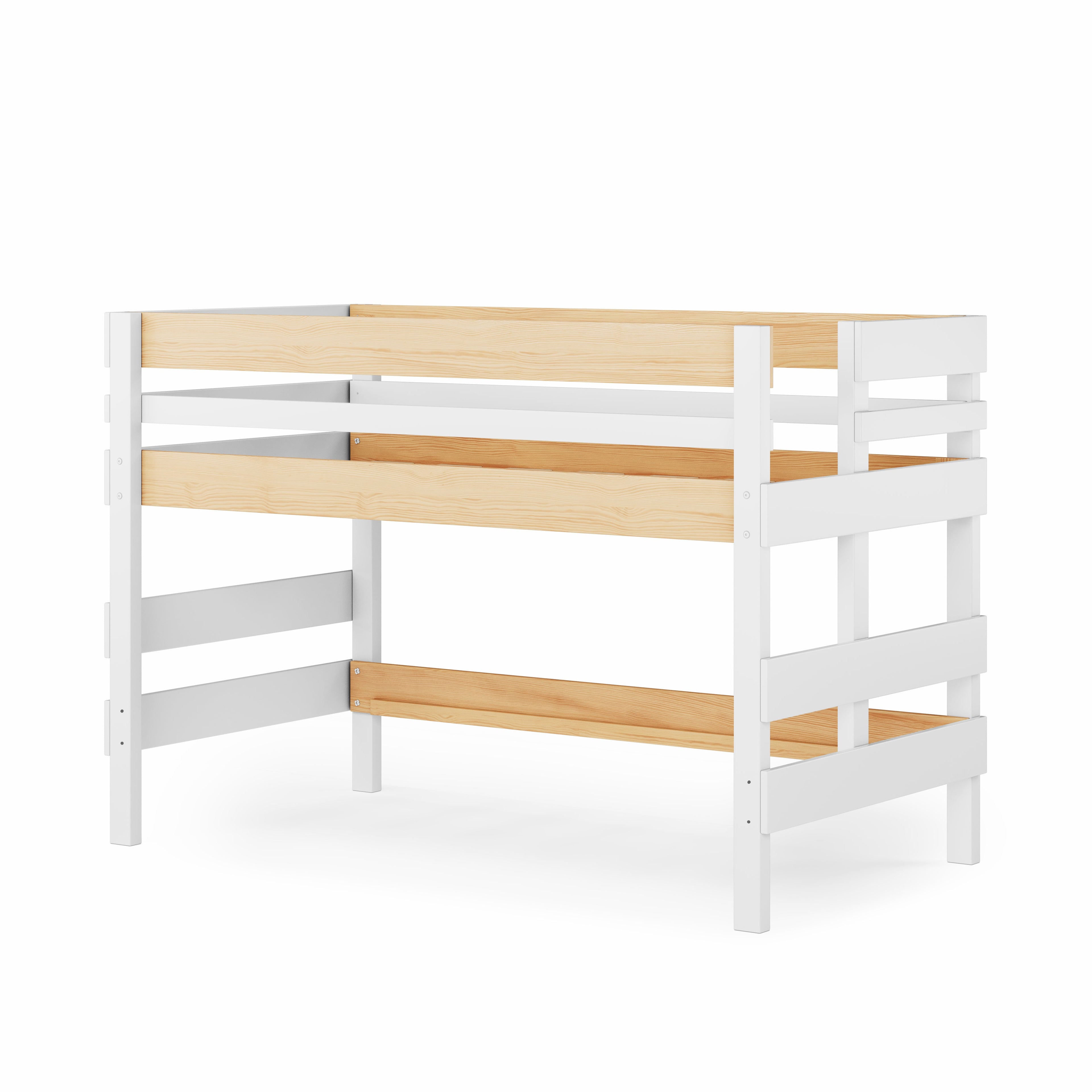Low height corner bunk bed with white frame and natural elm wood panels.