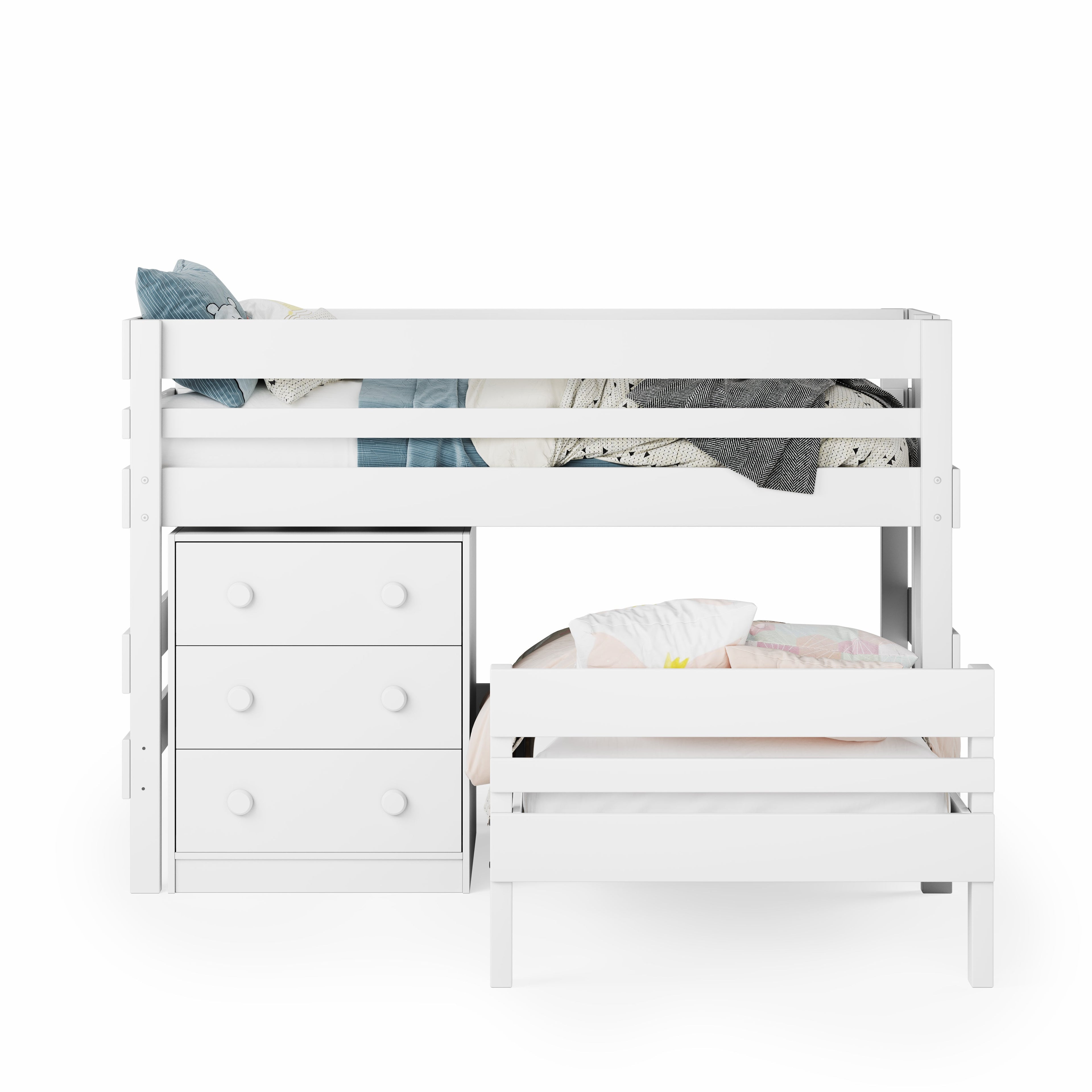 White low height corner bunk bed with built-in three-drawer chest and guardrails.
