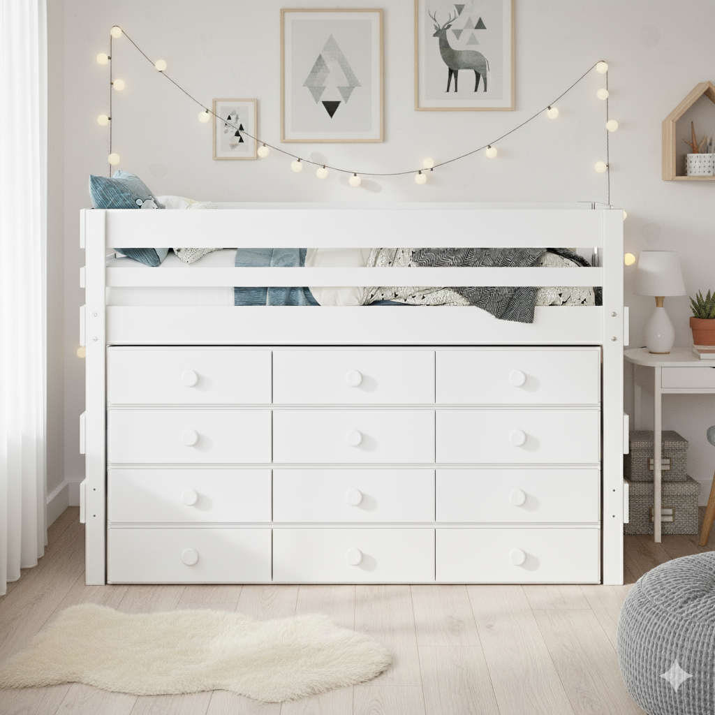 White low height high bed with built-in drawers and safety rails in a modern bedroom setting.