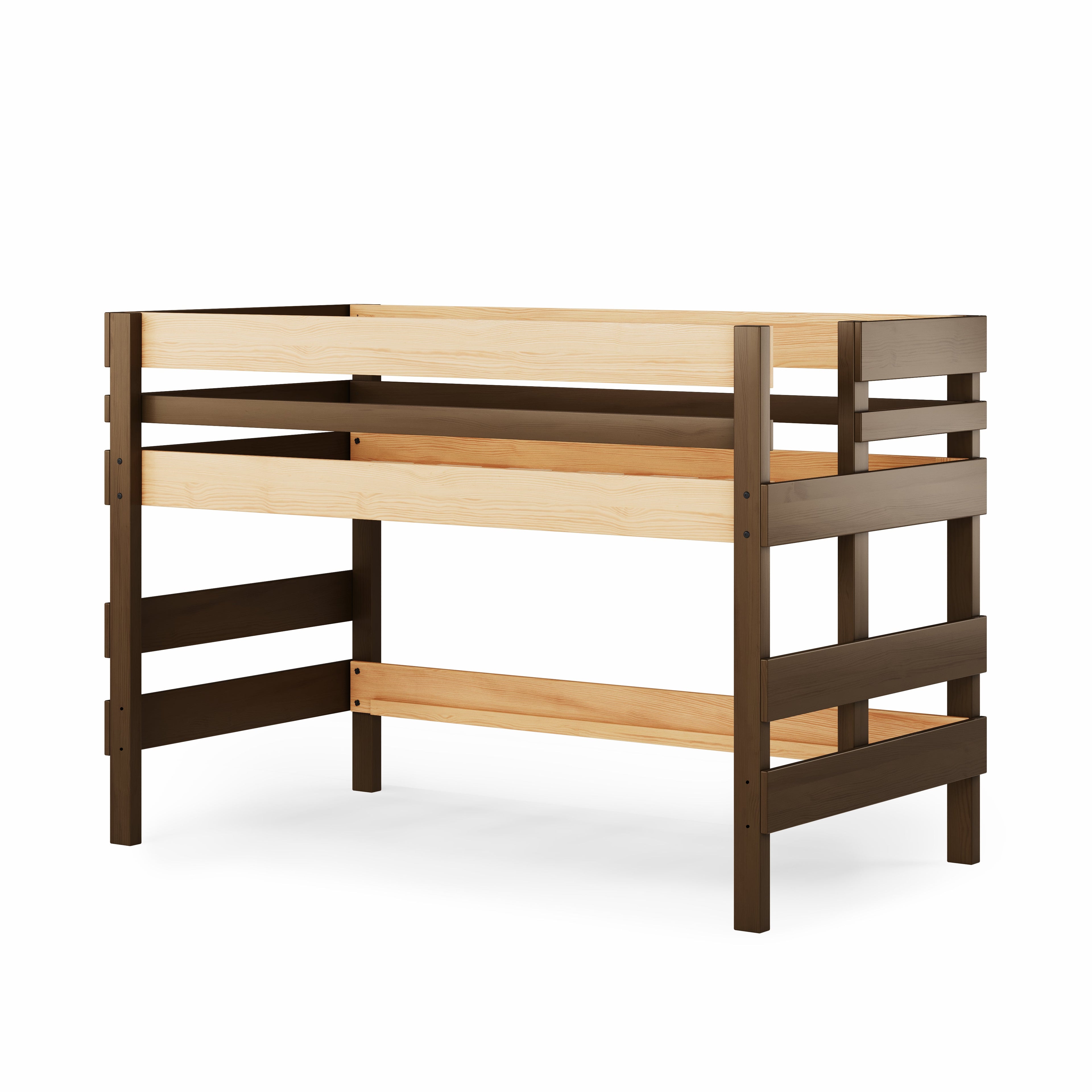 Low height high bed in native elm with dark brown accents and slatted safety rails.