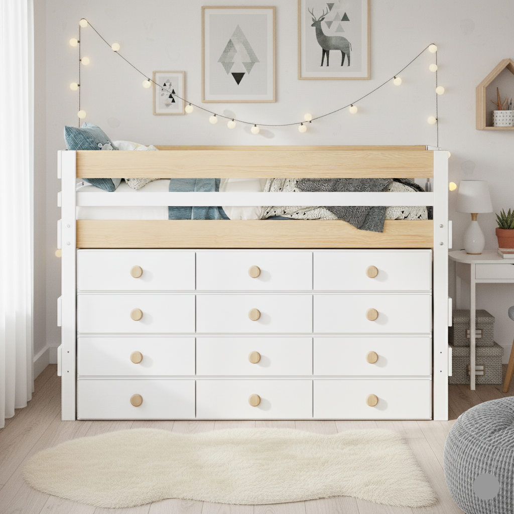 White low height high bed with natural wood railing and twelve drawer storage underneath.