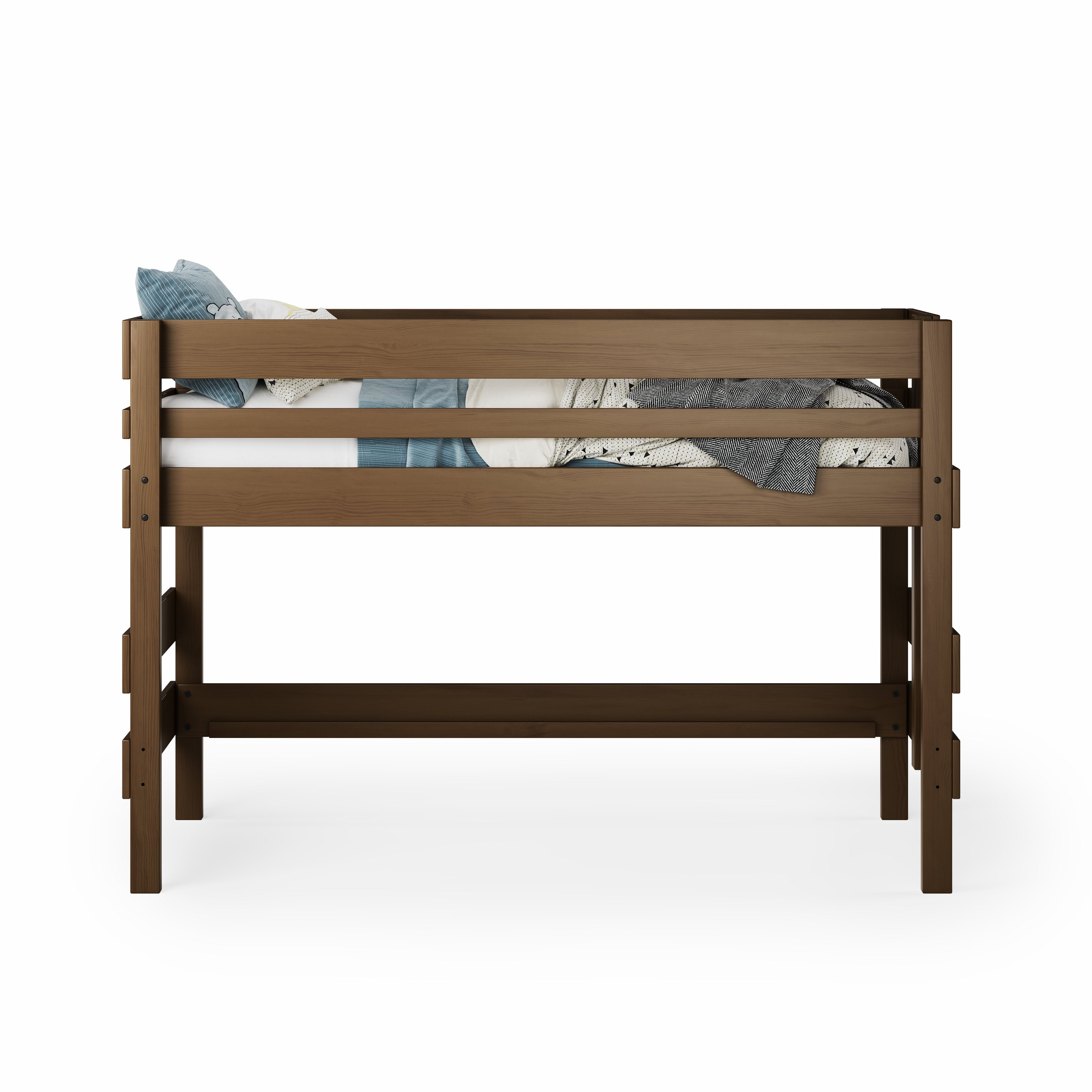 Native elm low height high bed with slatted guardrails and open space underneath.