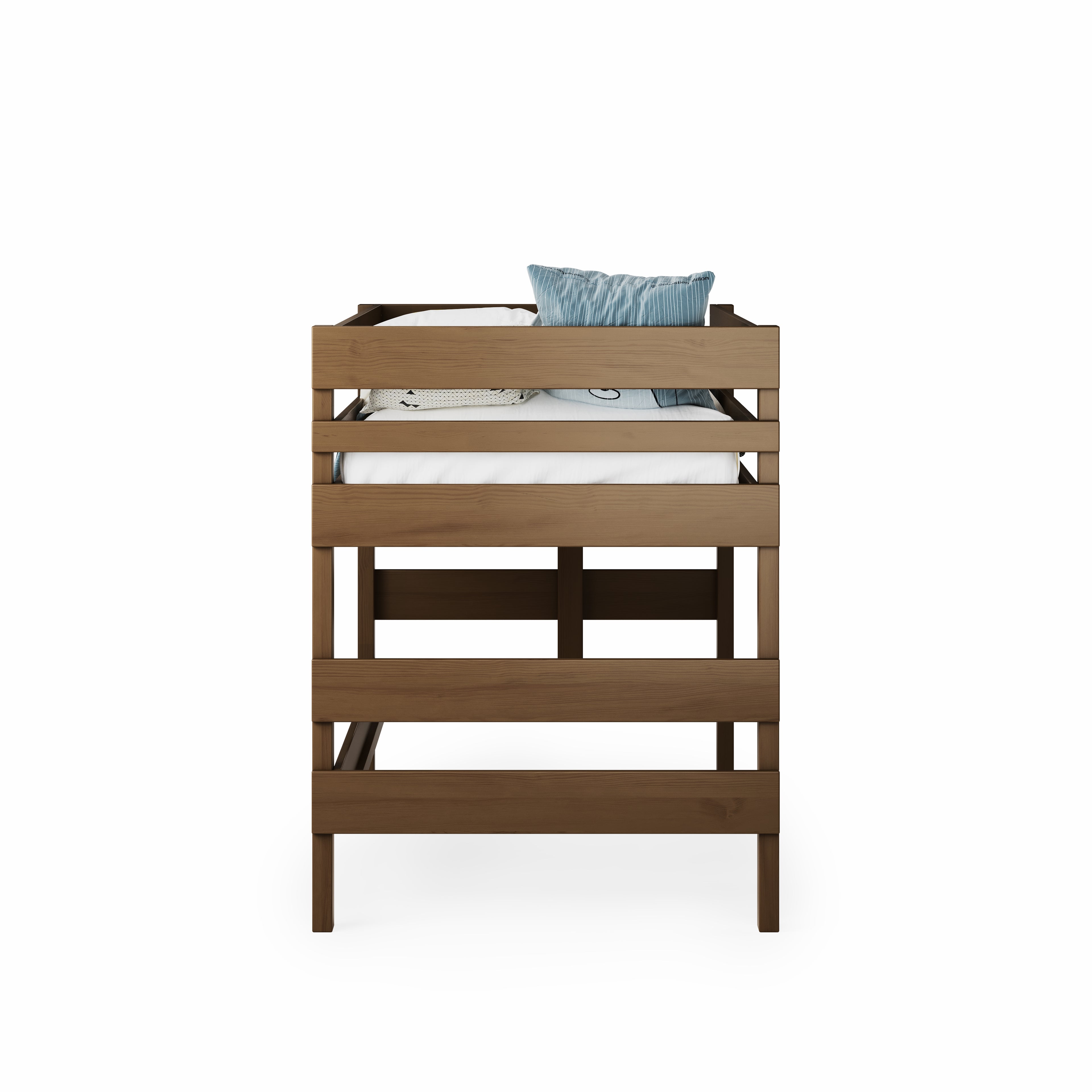 Native elm low height high bed frame with safety rails and a pillow on mattress.