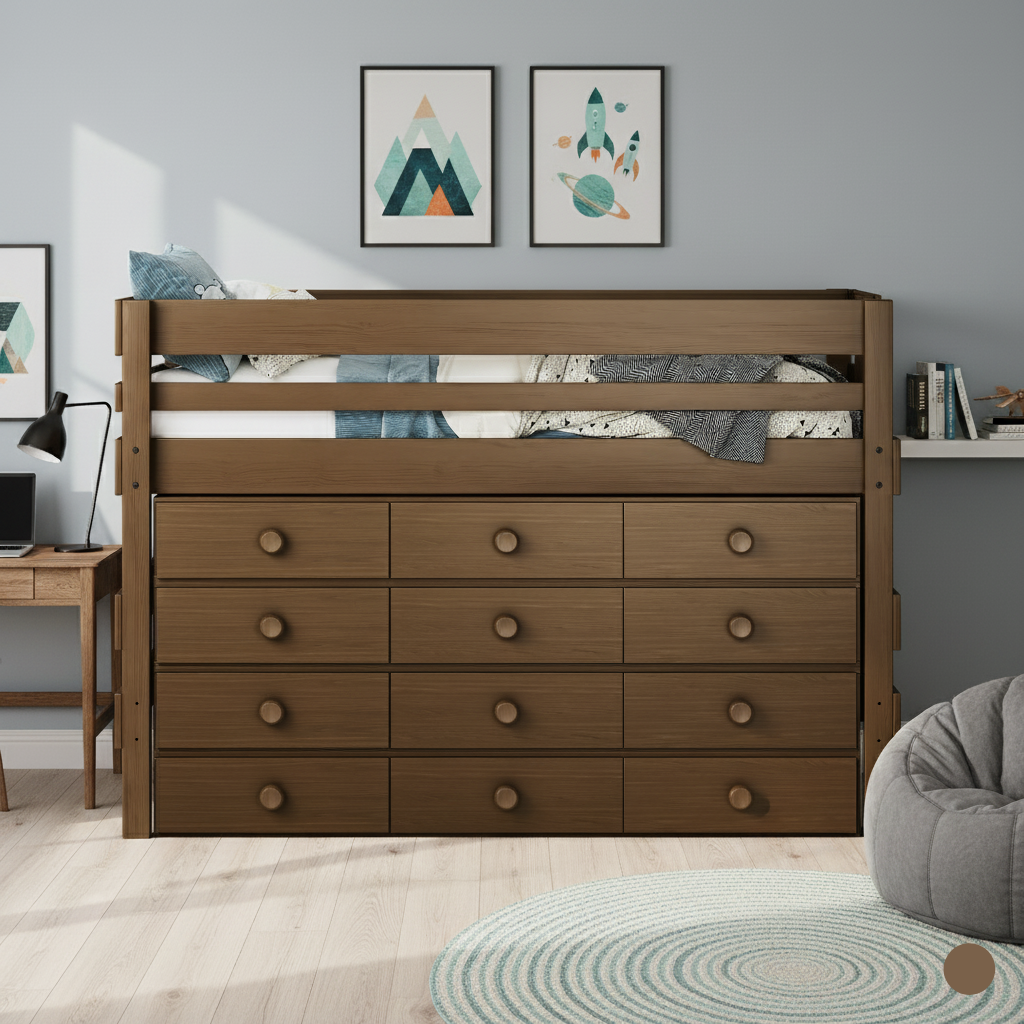 Low height timber loft bed above 4 sets of Bunkers deep under bed drawers