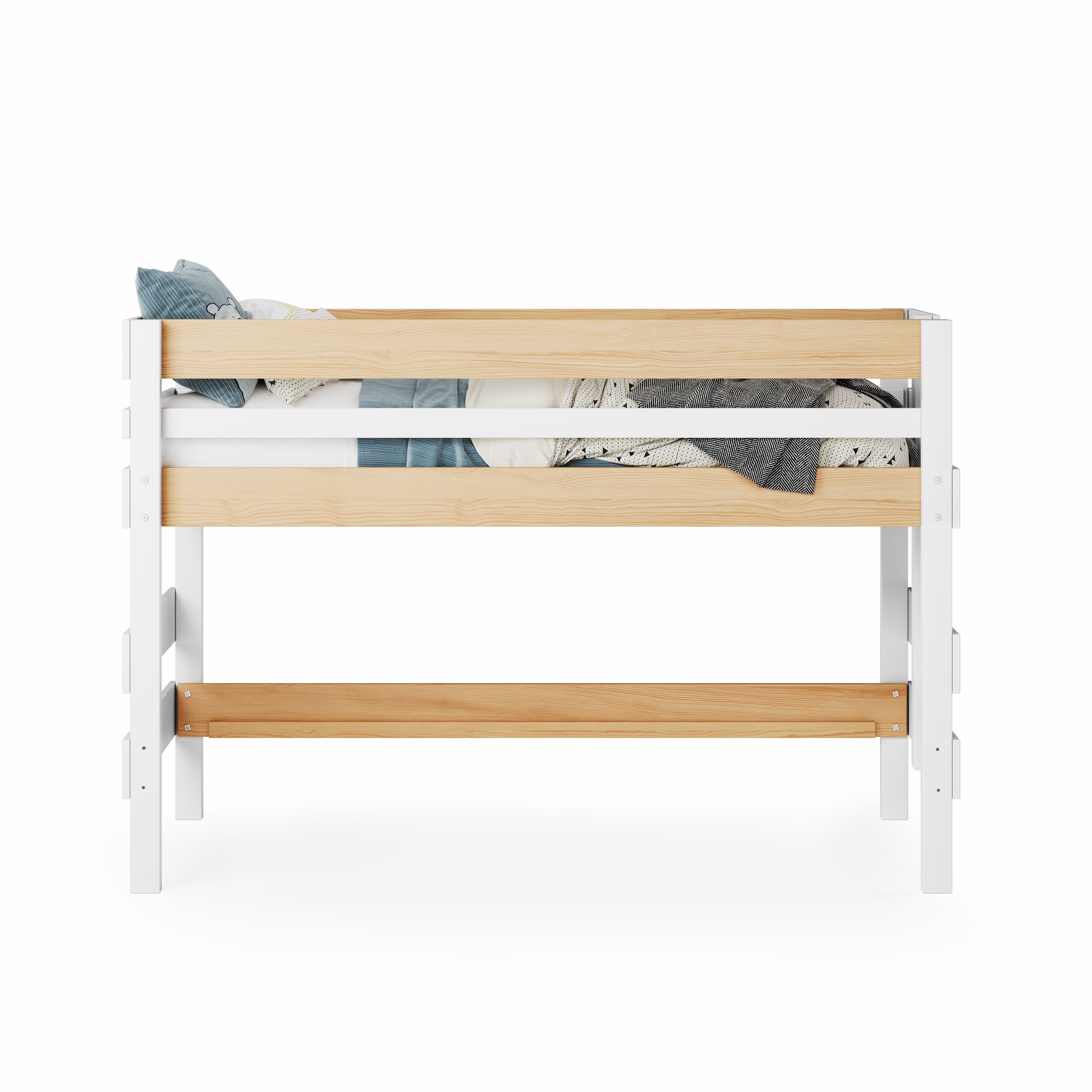 Low height high bed in native elm with white frame and safety rails, single size.