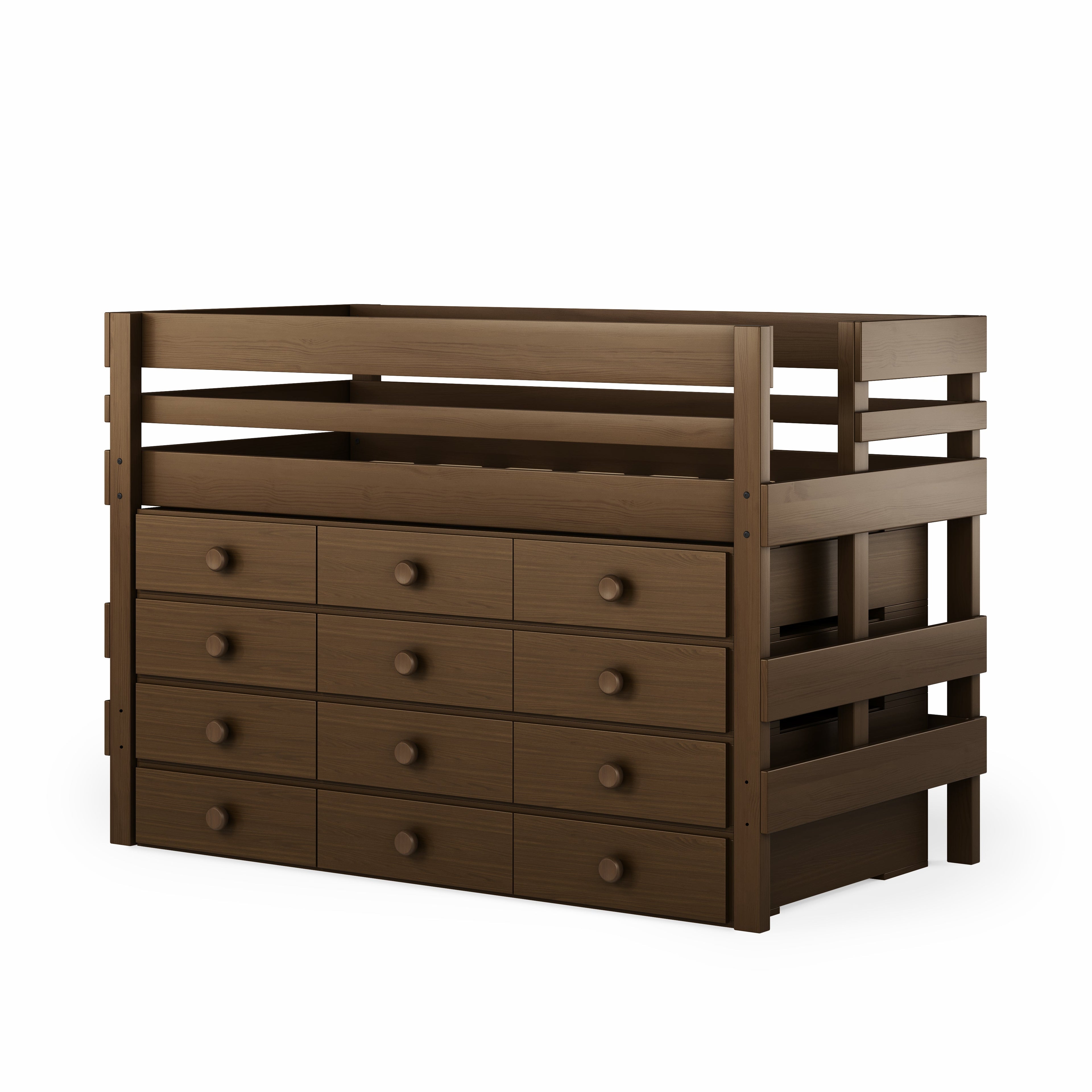 Dark brown wood low height high bed with integrated drawer storage and safety rails.