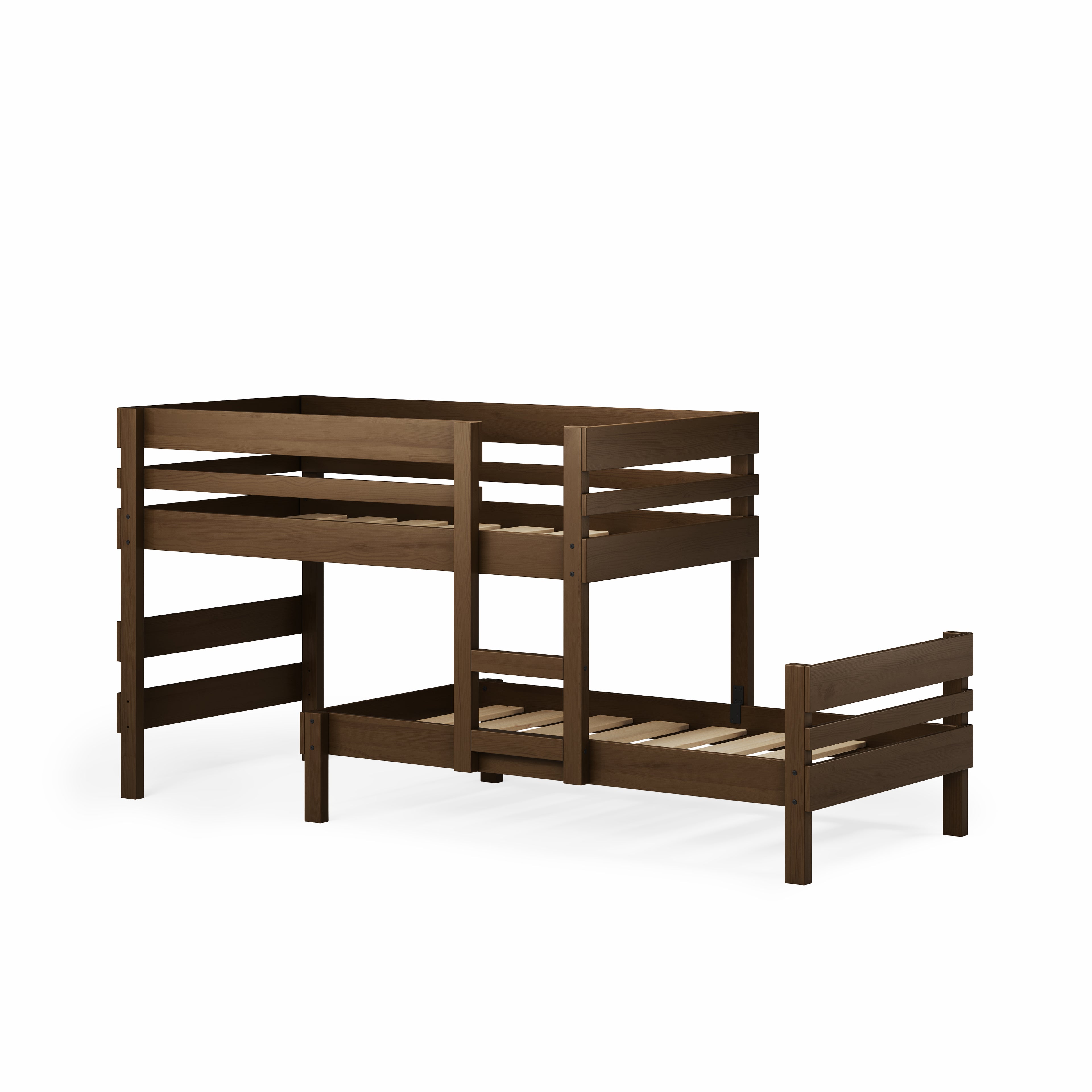 Low height long-wall bunk bed in dark wood with side ladder and safety rails on top bunk.