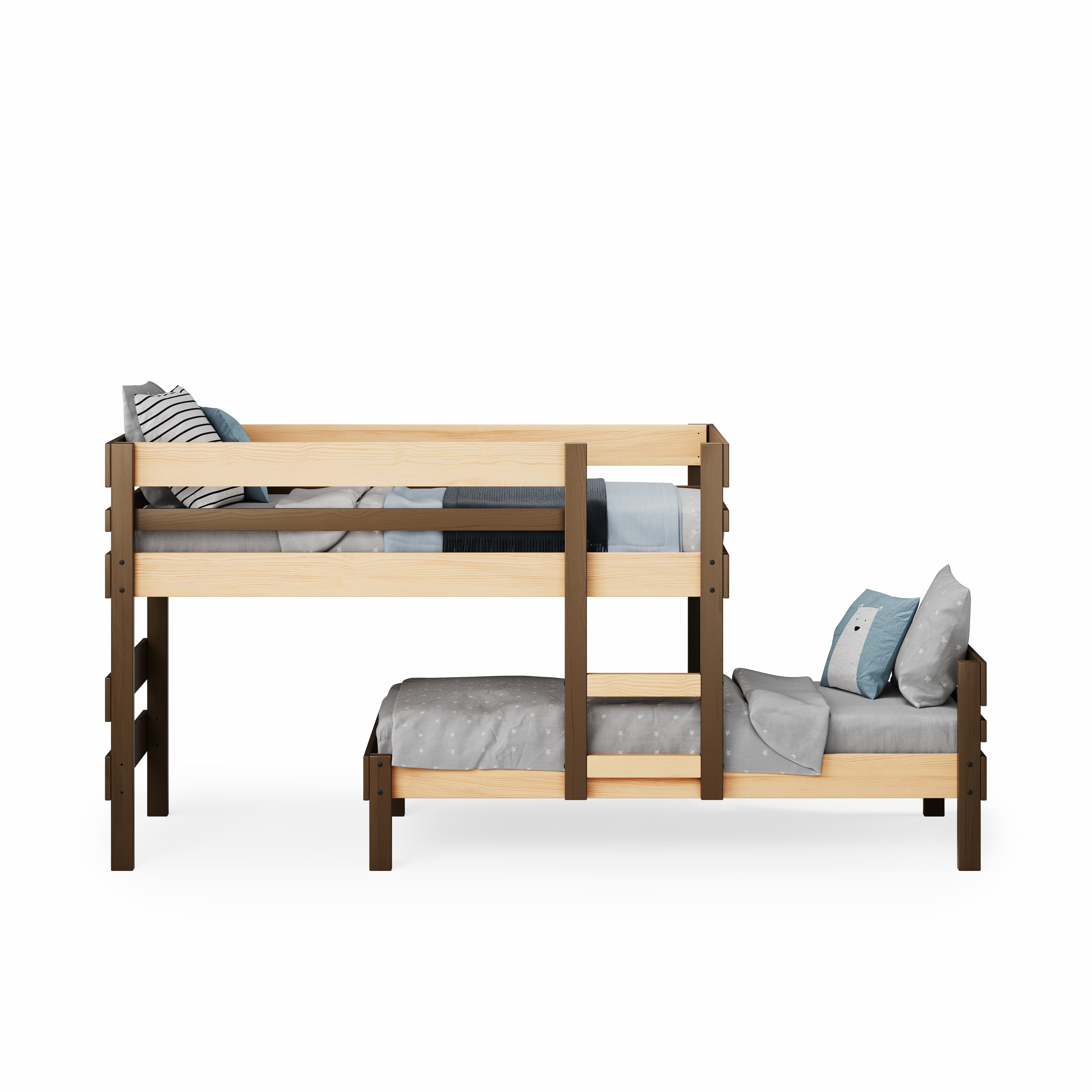 Low height long-wall bunk bed in natural wood with integrated side ladder and safety rail.