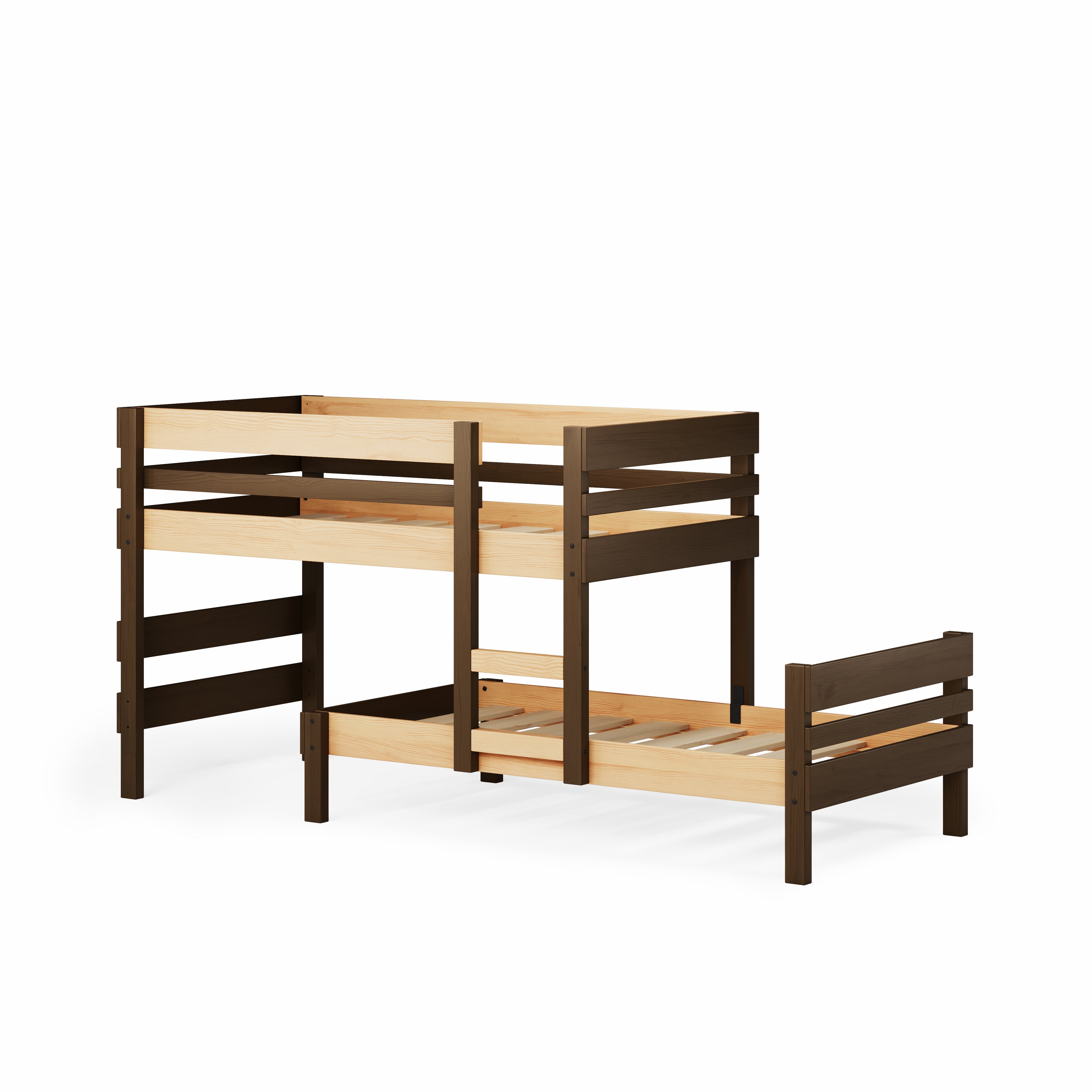 Lo-line low height long-wall bunk bed in native elm with ladder and guardrails.
