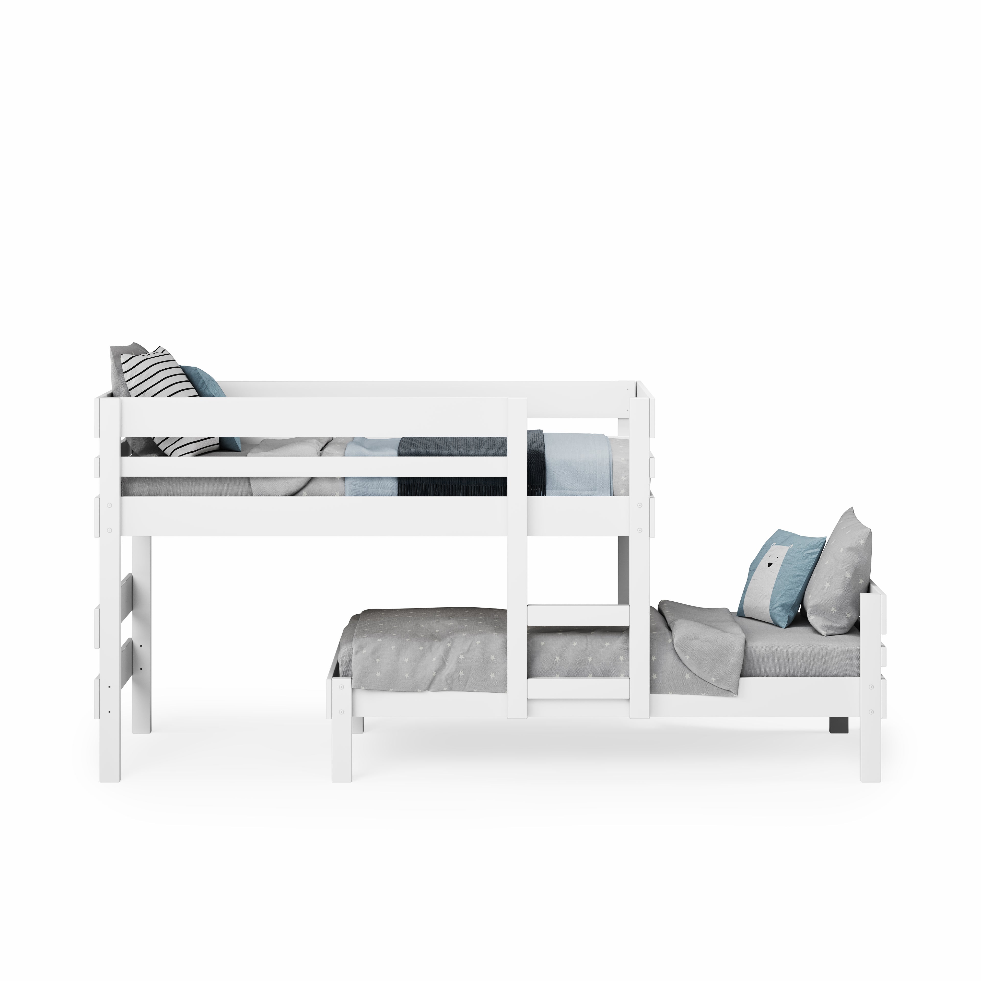 White low height long-wall bunk bed with built-in ladder and guardrails, styled with gray and blue bedding.