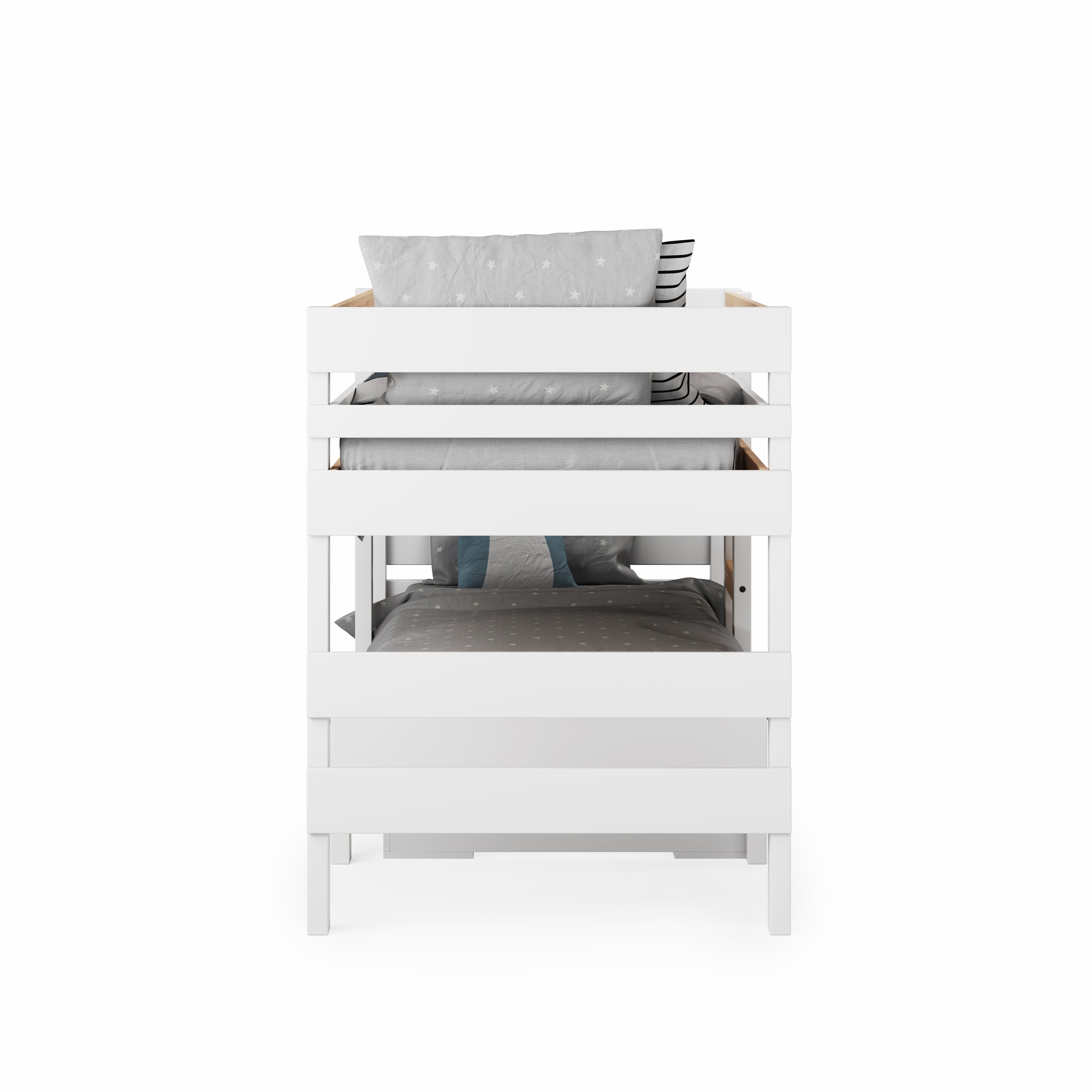 White low height long-wall bunk bed with sturdy guardrails and simple flat panel design.