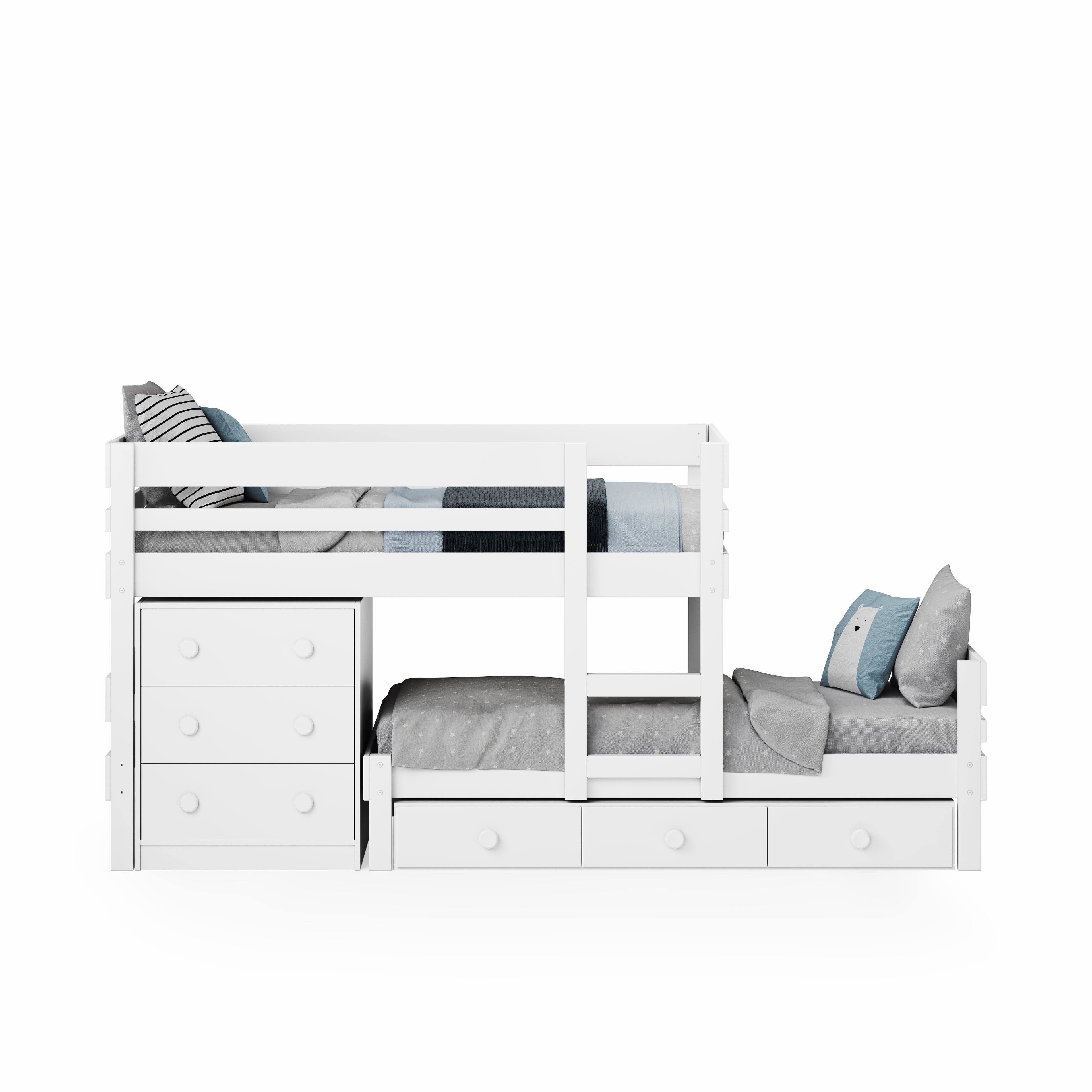 White low height long-wall bunk bed with integrated chest and drawers, ladder in center.