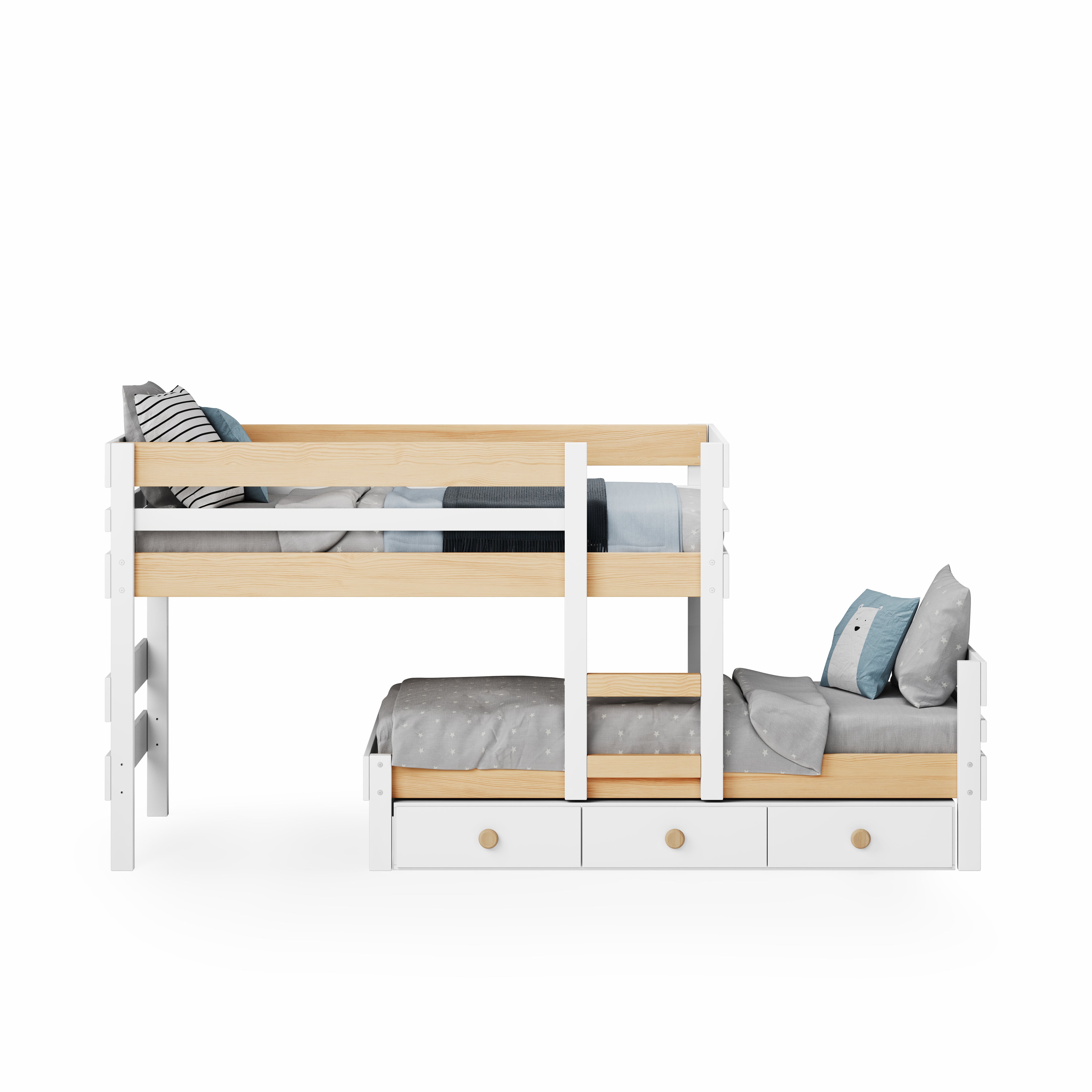 White low height long-wall bunk bed with wooden steps and built-in under bed drawers.