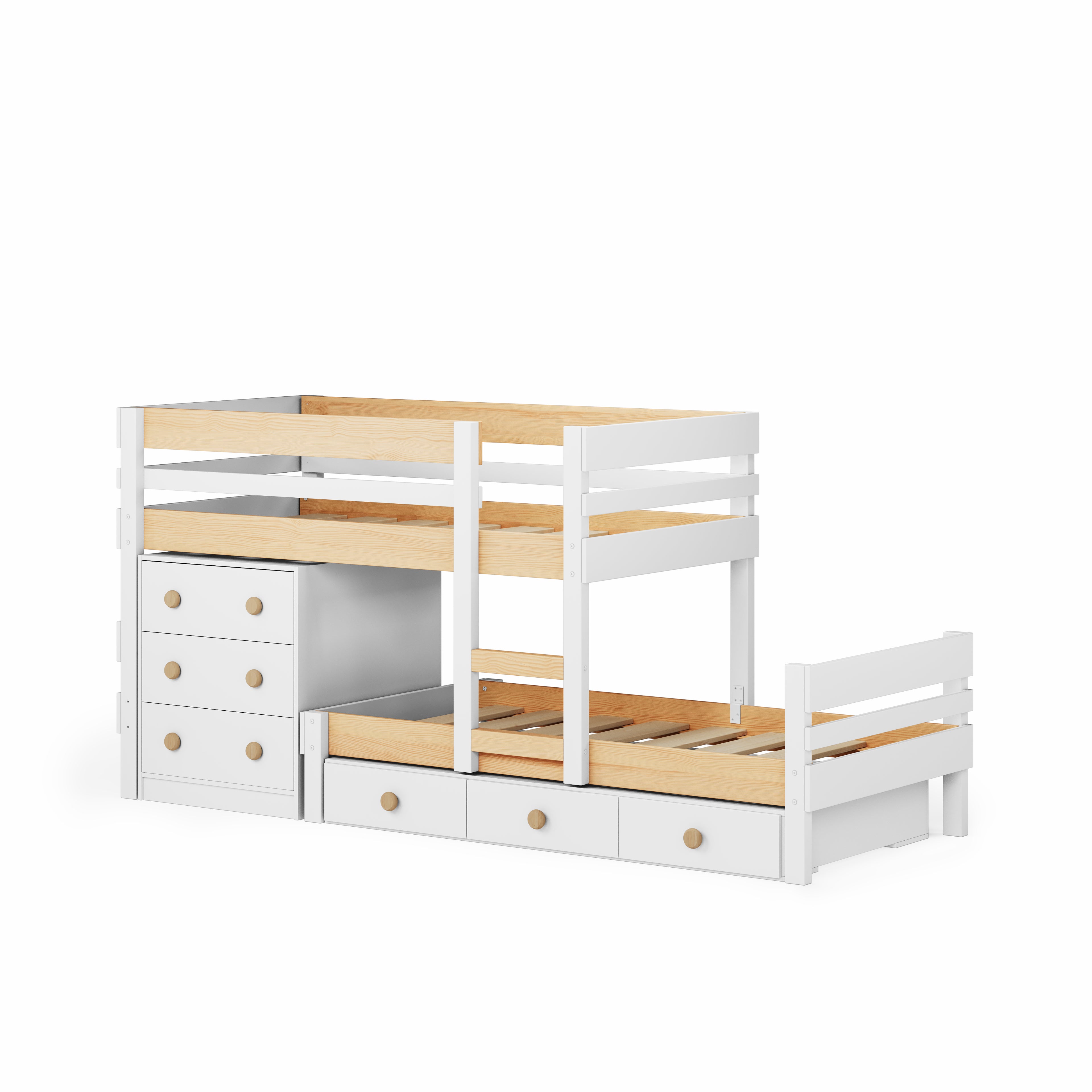 White low height long-wall bunk bed with under bed drawers and integrated chest.