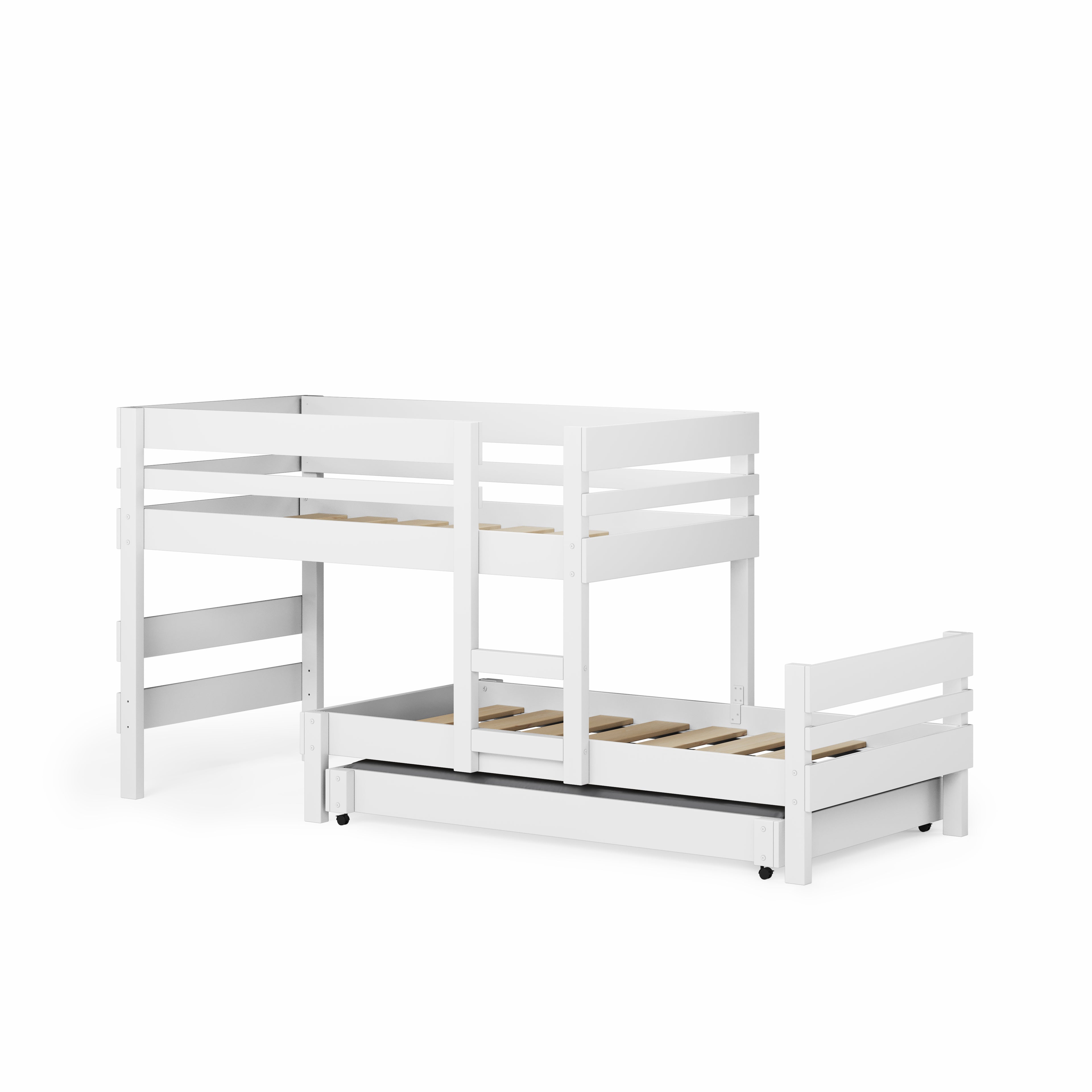 White low height long-wall bunk bed with guardrails and slatted bases.