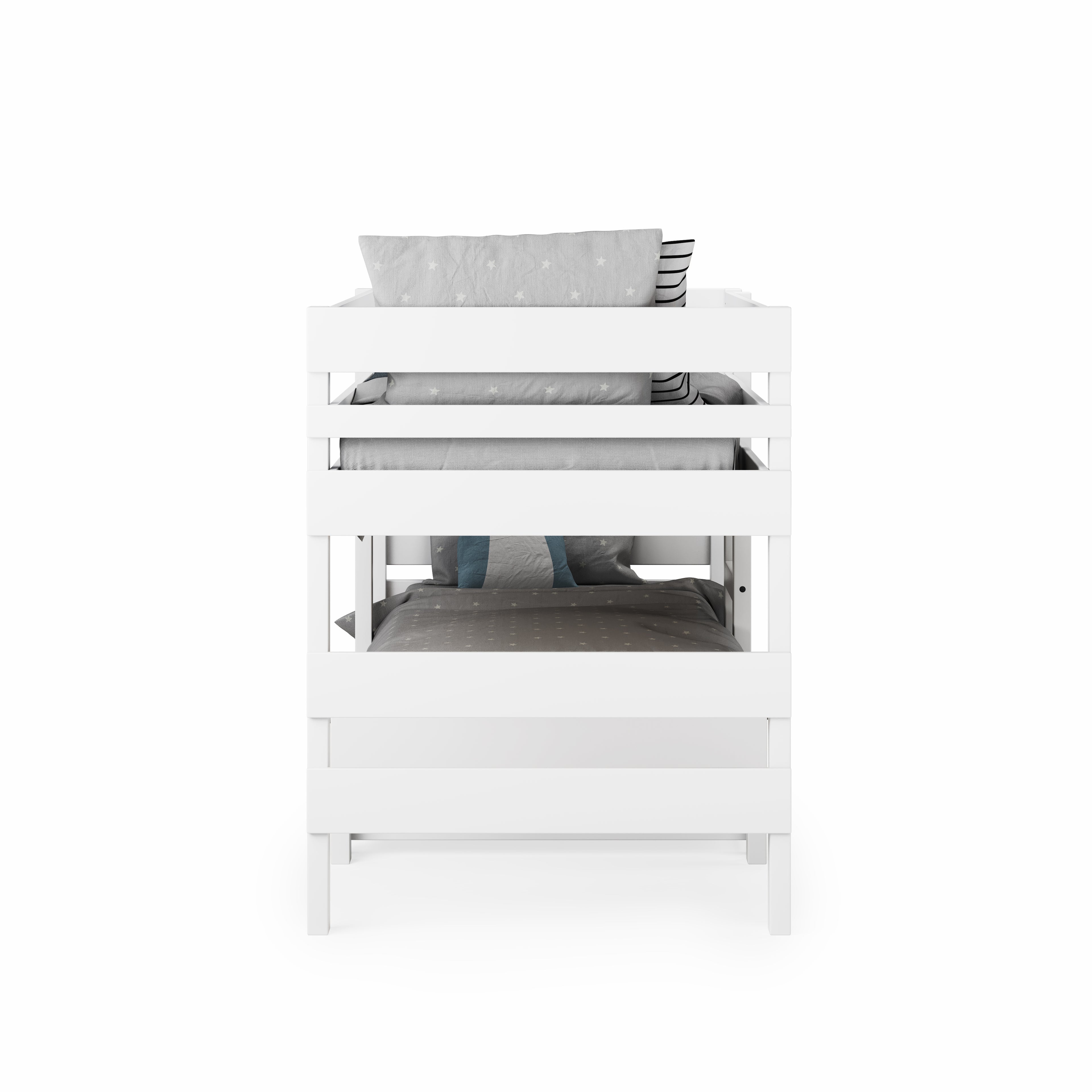 White low height long-wall bunk bed with clean, modern lines and guardrails on the top bunk.