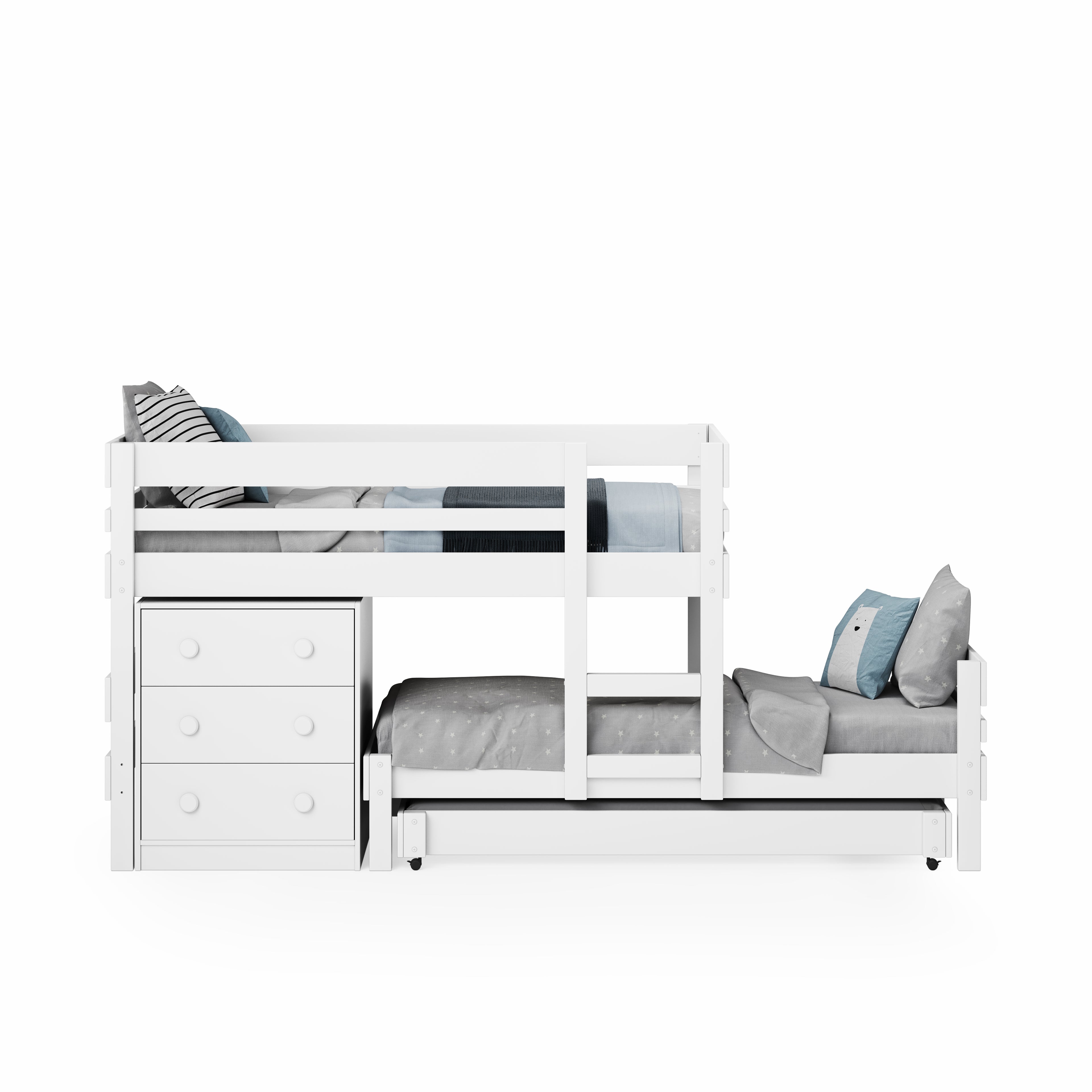White low height long-wall bunk bed with integrated ladder and attached three-drawer chest.